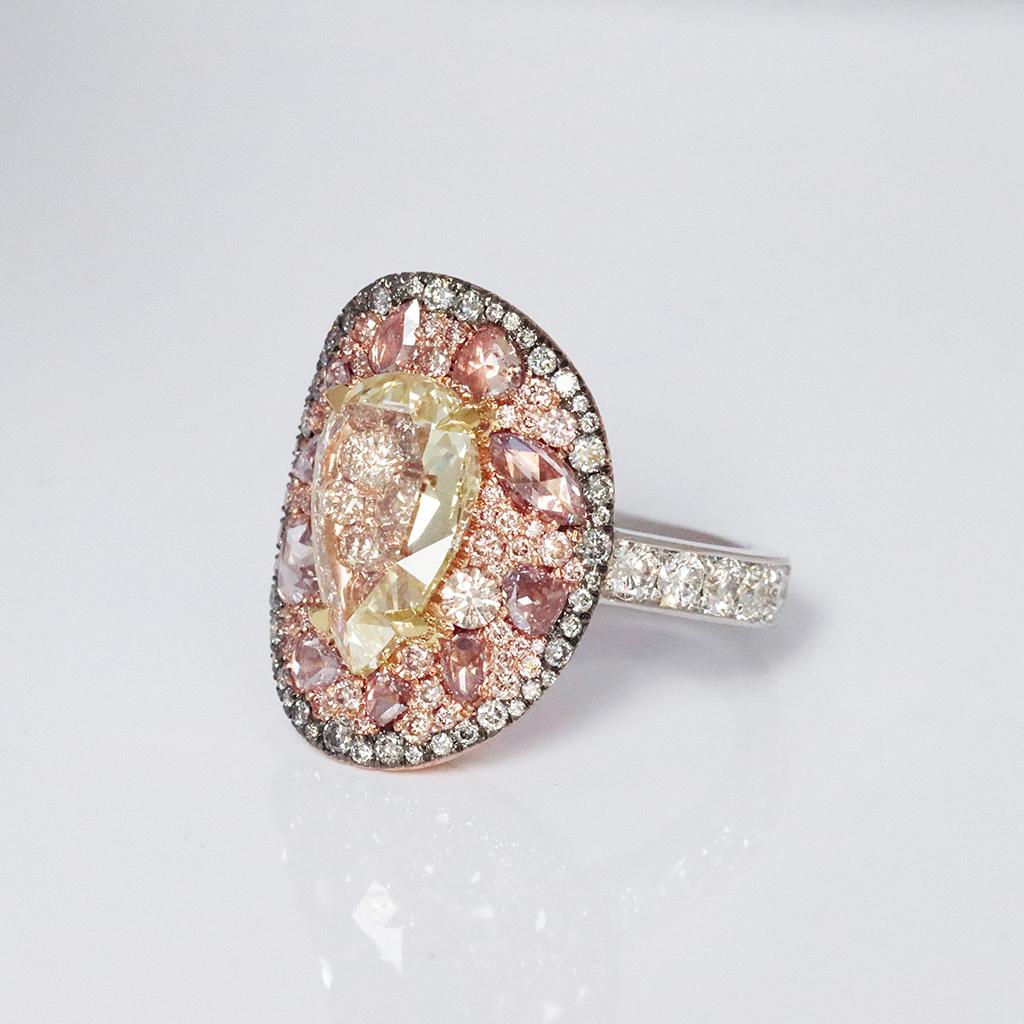 GIA Cert. 3 Ct. Fancy Yellow Pear Shape Rose-Cut Diamond Pink, Blue Diamond Ring For Sale 1