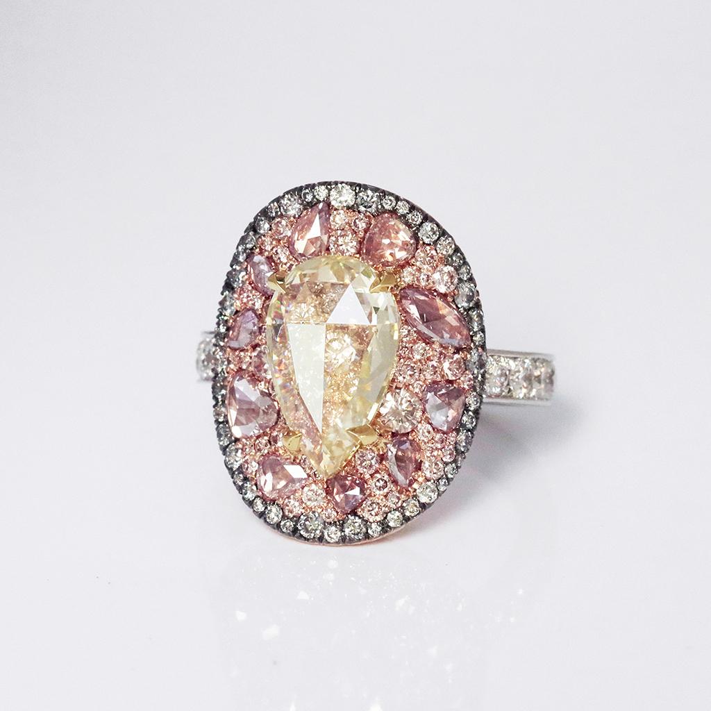 GIA Cert. 3 Ct. Fancy Yellow Pear Shape Rose-Cut Diamond Pink, Blue Diamond Ring For Sale 2