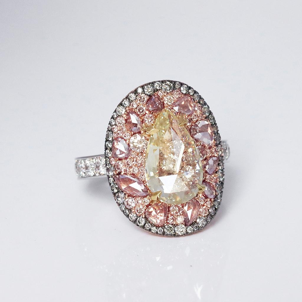 GIA Cert. 3 Ct. Fancy Yellow Pear Shape Rose-Cut Diamond Pink, Blue Diamond Ring For Sale 3