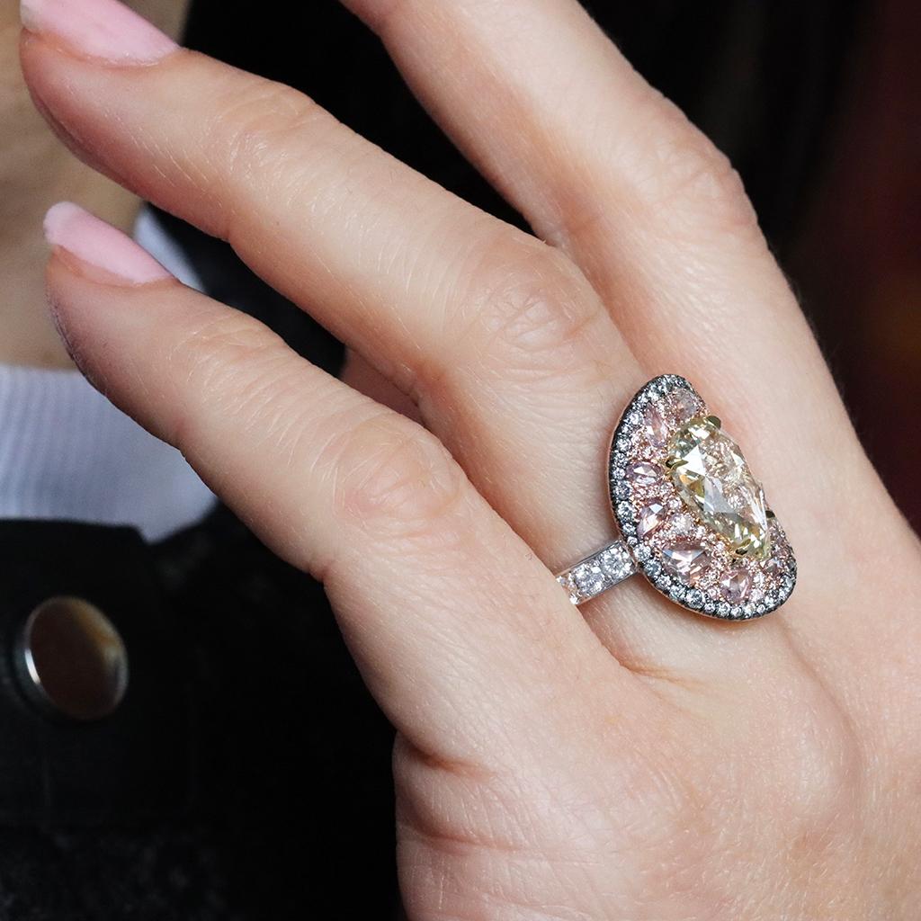 GIA Cert. 3 Ct. Fancy Yellow Pear Shape Rose-Cut Diamond Pink, Blue Diamond Ring For Sale 4