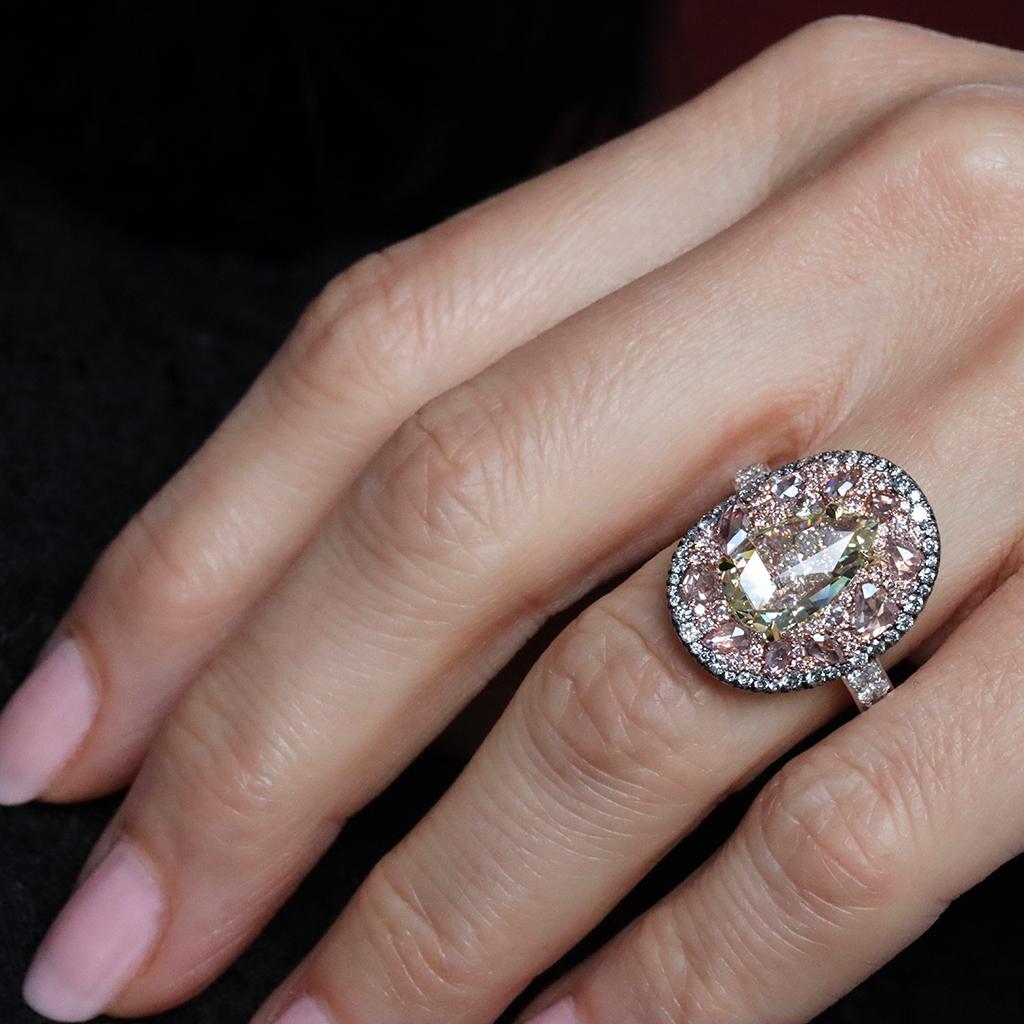 GIA Cert. 3 Ct. Fancy Yellow Pear Shape Rose-Cut Diamond Pink, Blue Diamond Ring For Sale 6