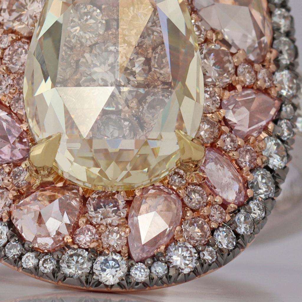 GIA Cert. 3 Ct. Fancy Yellow Pear Shape Rose-Cut Diamond Pink, Blue Diamond Ring For Sale 7