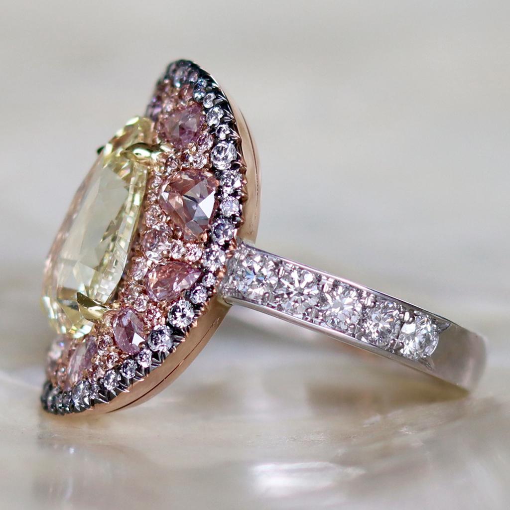GIA Cert. 3 Ct. Fancy Yellow Pear Shape Rose-Cut Diamond Pink, Blue Diamond Ring For Sale 10