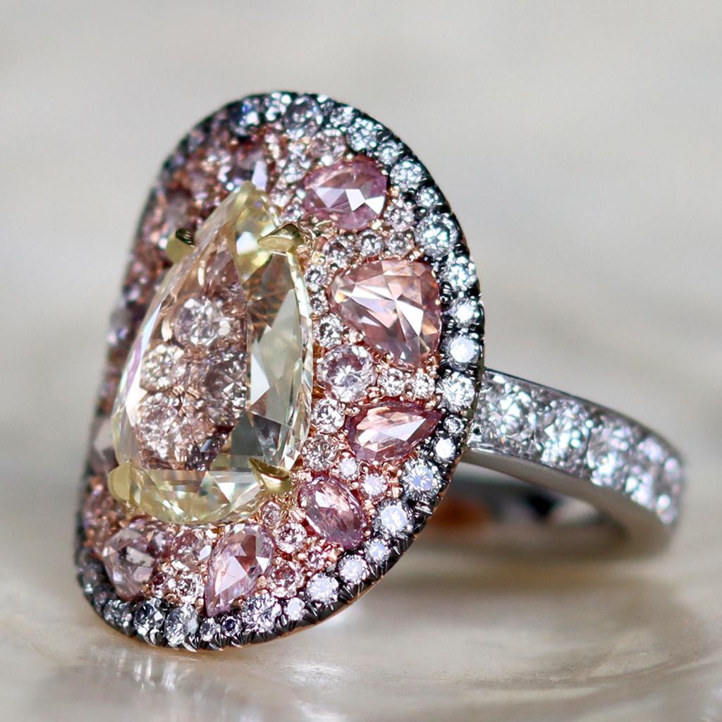 GIA Cert. 3 Ct. Fancy Yellow Pear Shape Rose-Cut Diamond Pink, Blue Diamond Ring For Sale 11