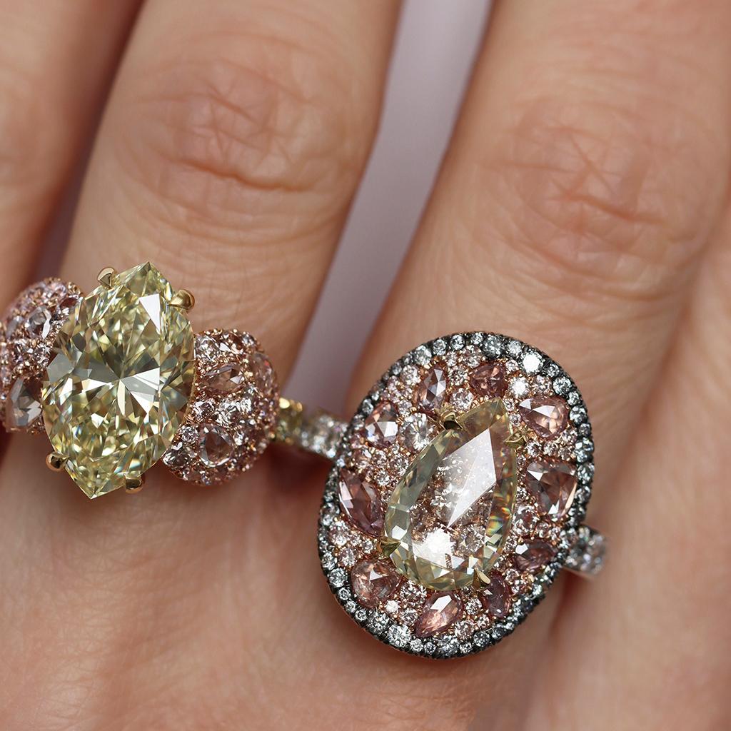 GIA Cert. 3 Ct. Fancy Yellow Pear Shape Rose-Cut Diamond Pink, Blue Diamond Ring For Sale 9