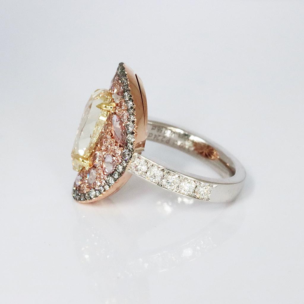 Women's GIA Cert. 3 Ct. Fancy Yellow Pear Shape Rose-Cut Diamond Pink, Blue Diamond Ring For Sale