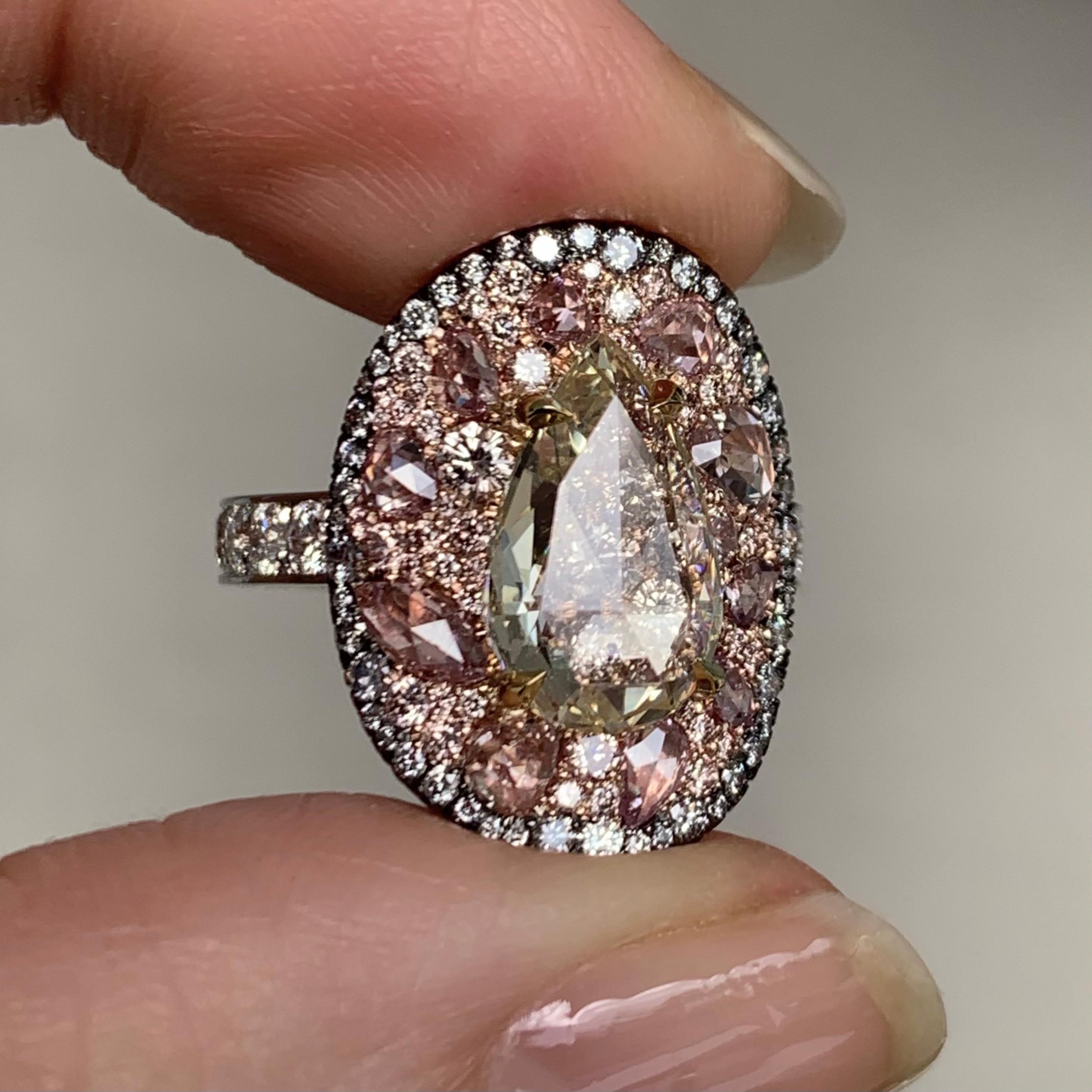 Art Nouveau GIA Certified 3 Ct. Pear Shape Rose-Cut Diamond Pink, Blue Diamond Cocktail Ring