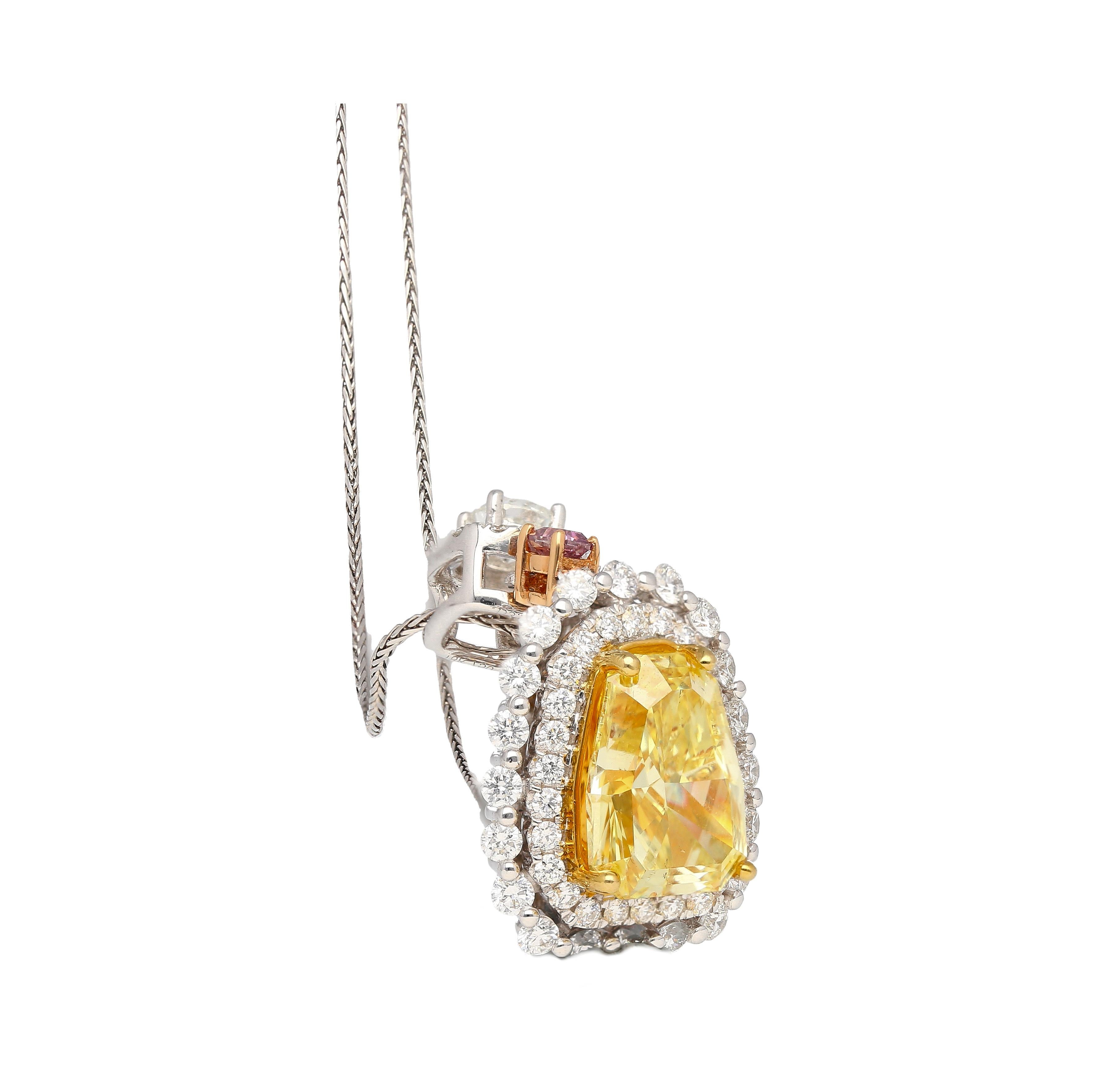 Art Deco GIA Cert 3.28 Carat Fancy Intense Yellow Shield Kite Cut Natural Diamond Pendant For Sale
