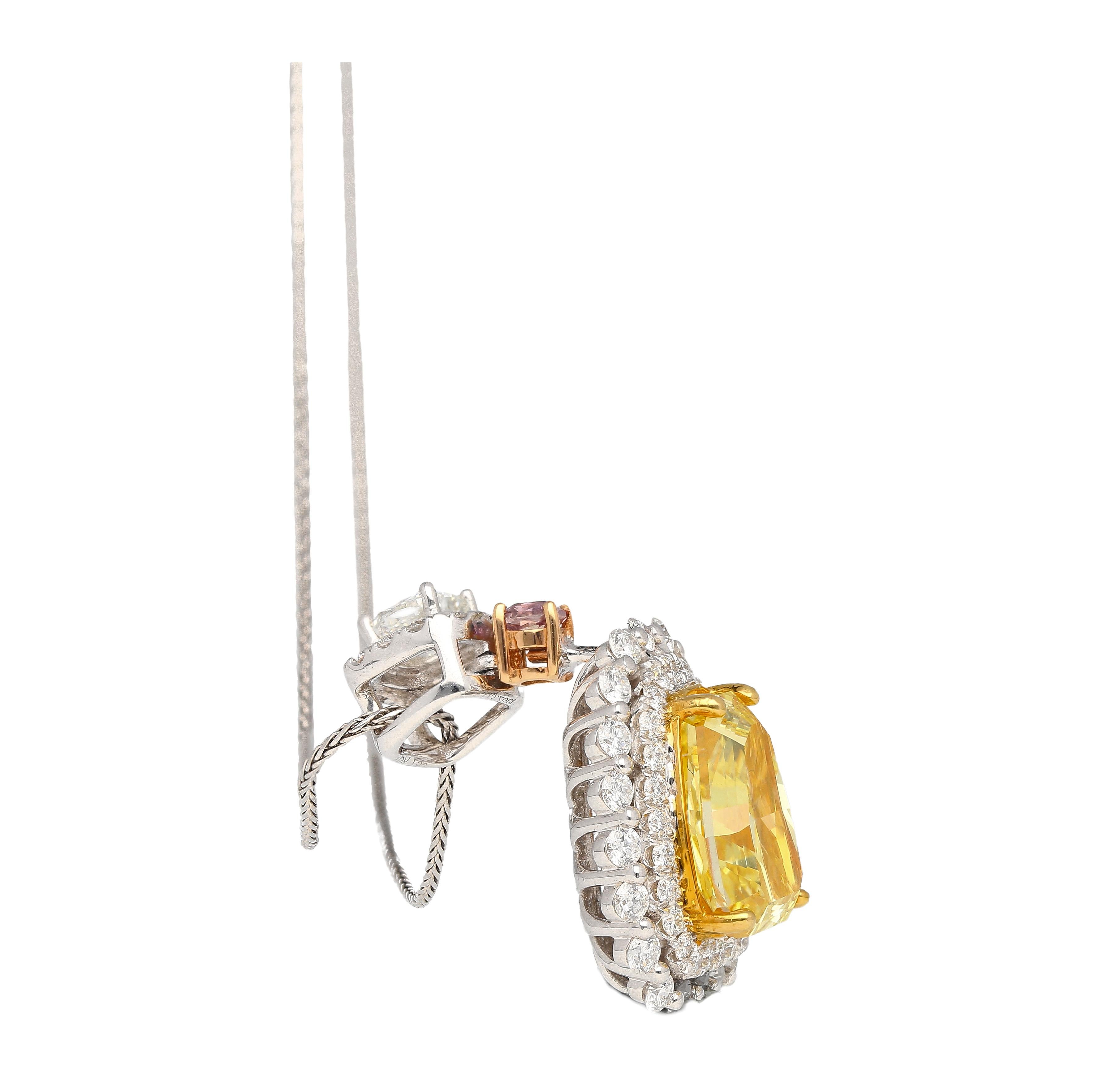 Women's or Men's GIA Cert 3.28 Carat Fancy Intense Yellow Shield Kite Cut Natural Diamond Pendant For Sale