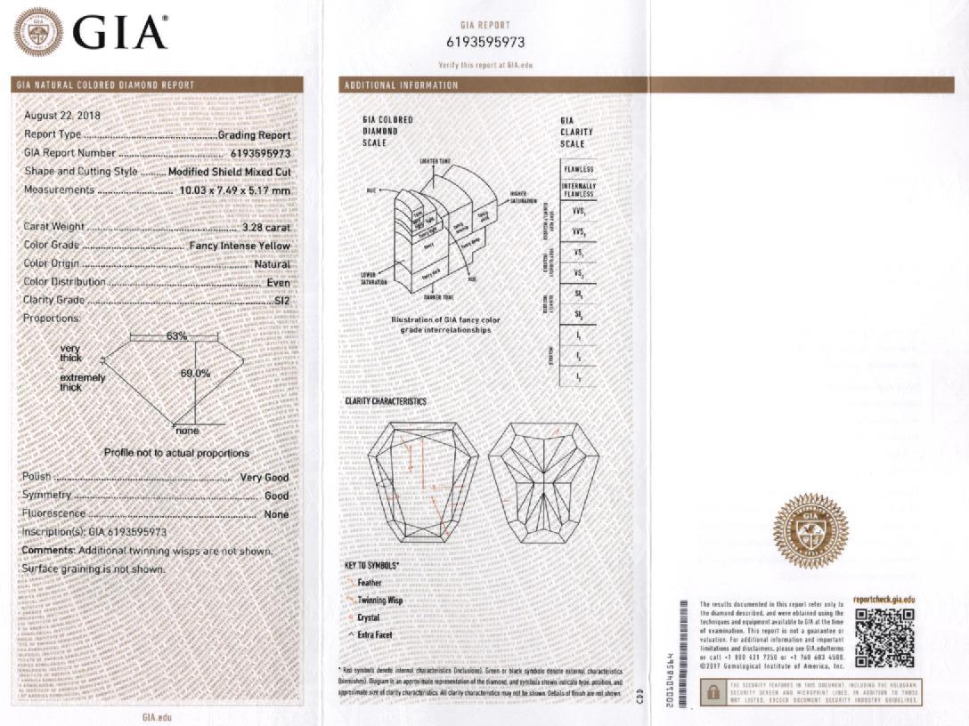 GIA Cert 3.28 Carat Fancy Intense Yellow Shield Kite Cut Natural Diamond Pendant For Sale 3