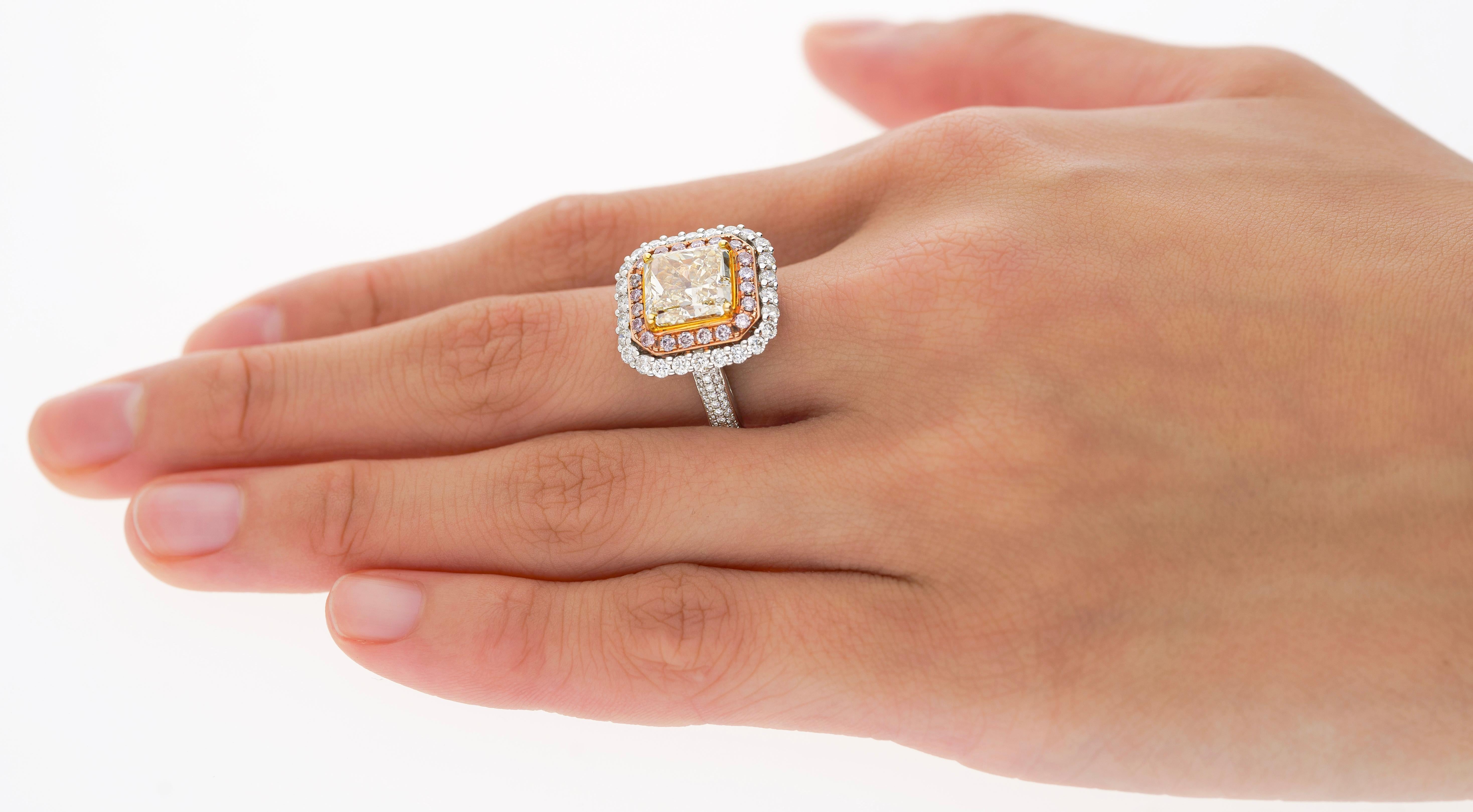 GIA Cert 3.51 Carat Brownish Yellow Diamond Ring with Pink & White Diamond Halo For Sale 4
