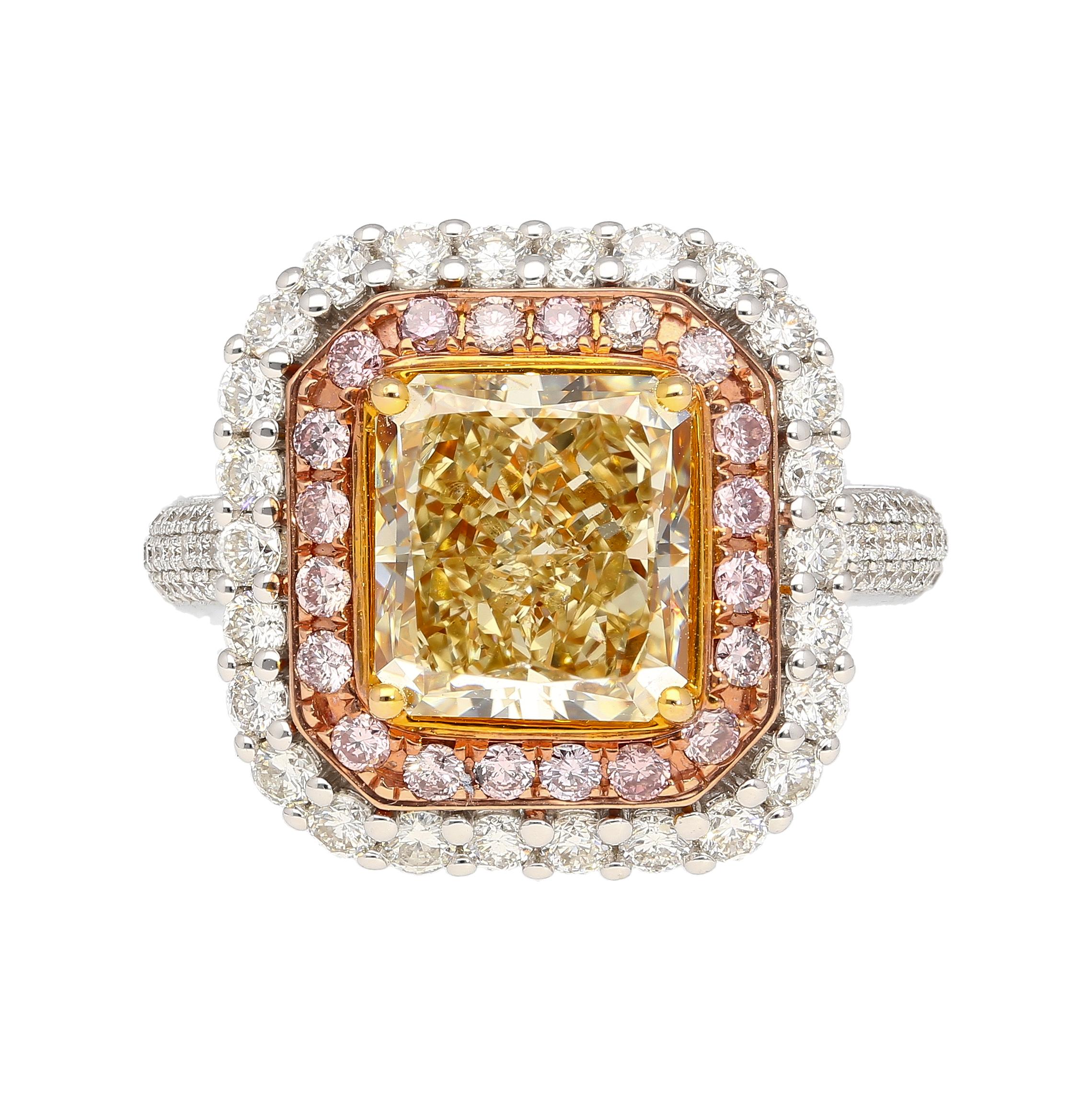 Introducing a true masterpiece of jewelry: a mesmerizing 3.51-carat Brownish Yellow Diamond embraced by a captivating halo of Pink and White Diamonds, all set in a radiant blend of 18K Rose, White, and Yellow Gold. This extraordinary piece is GIA