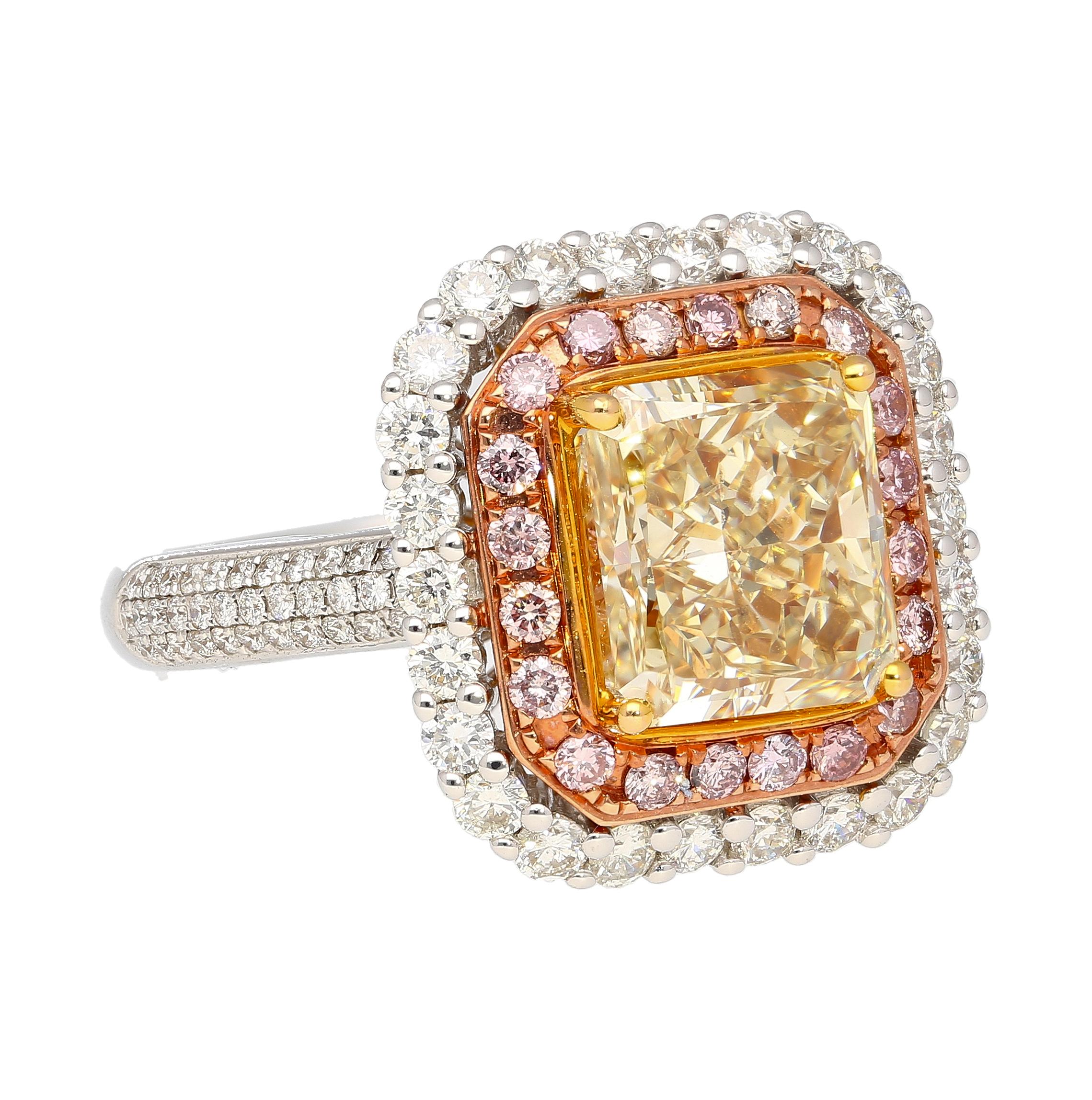 Art Deco GIA Cert 3.51 Carat Brownish Yellow Diamond Ring with Pink & White Diamond Halo For Sale