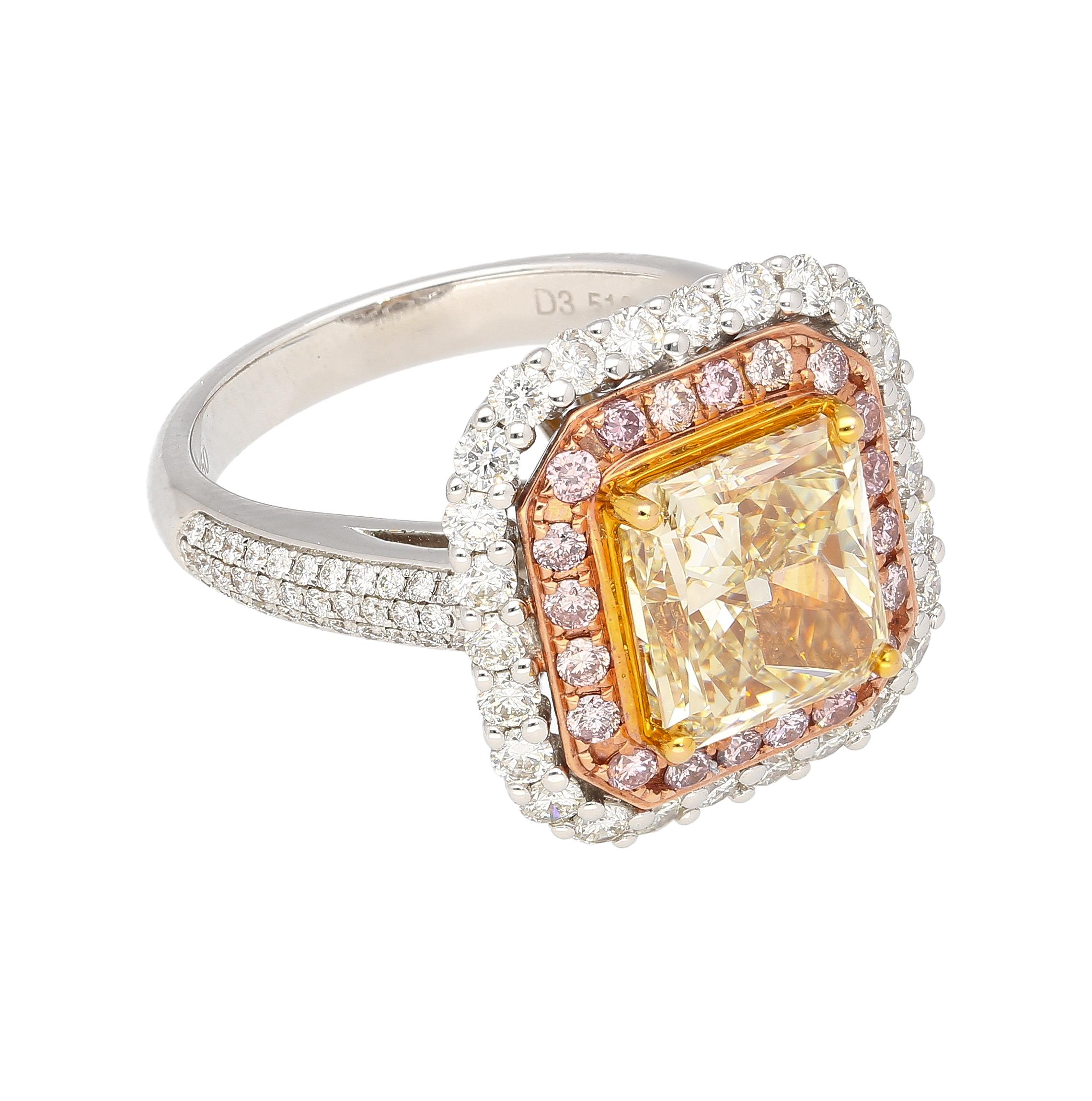 Radiant Cut GIA Cert 3.51 Carat Brownish Yellow Diamond Ring with Pink & White Diamond Halo For Sale