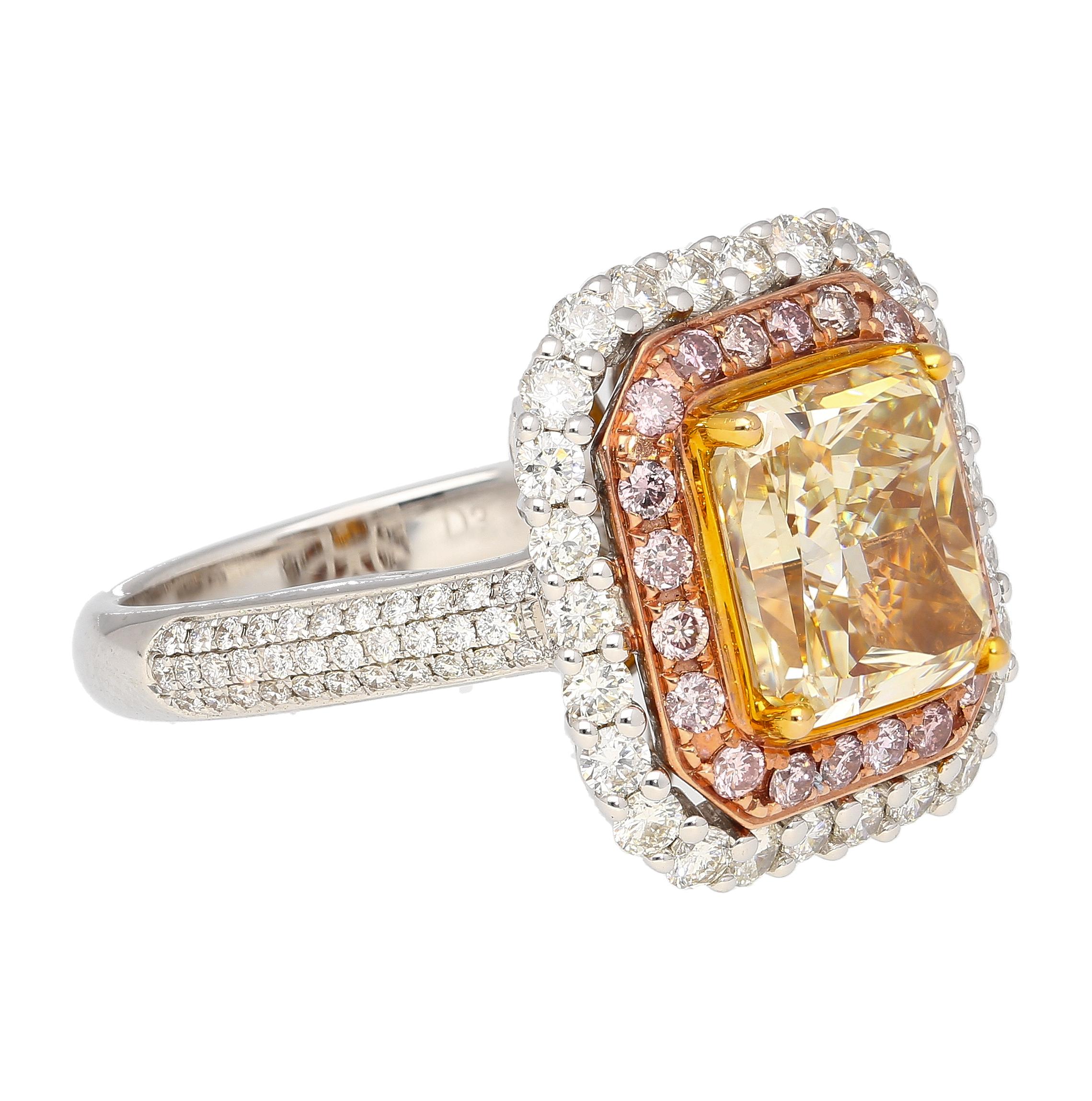 GIA Cert 3.51 Carat Brownish Yellow Diamond Ring with Pink & White Diamond Halo In New Condition For Sale In Miami, FL