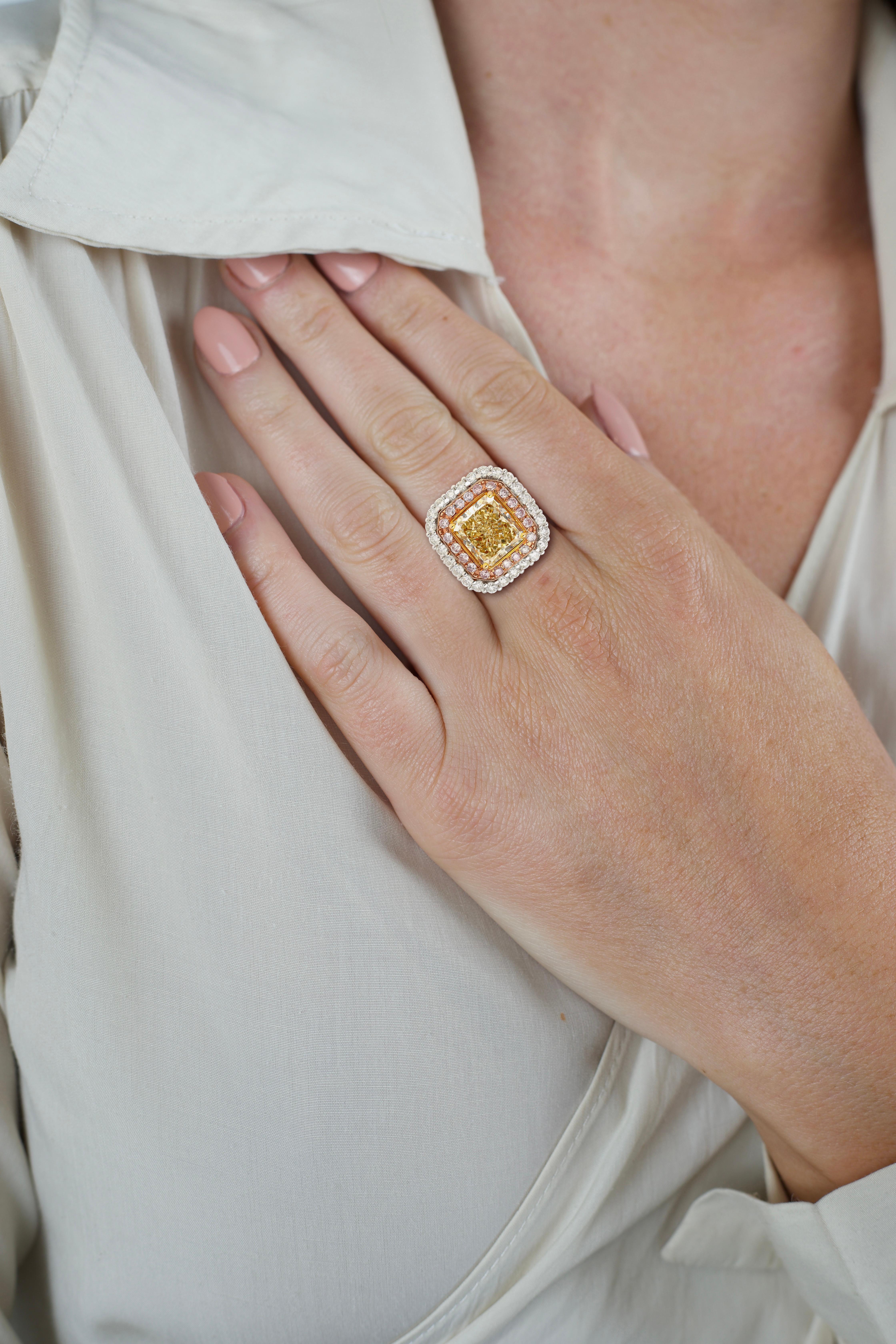 GIA Cert 3.51 Carat Brownish Yellow Diamond Ring with Pink & White Diamond Halo For Sale 1
