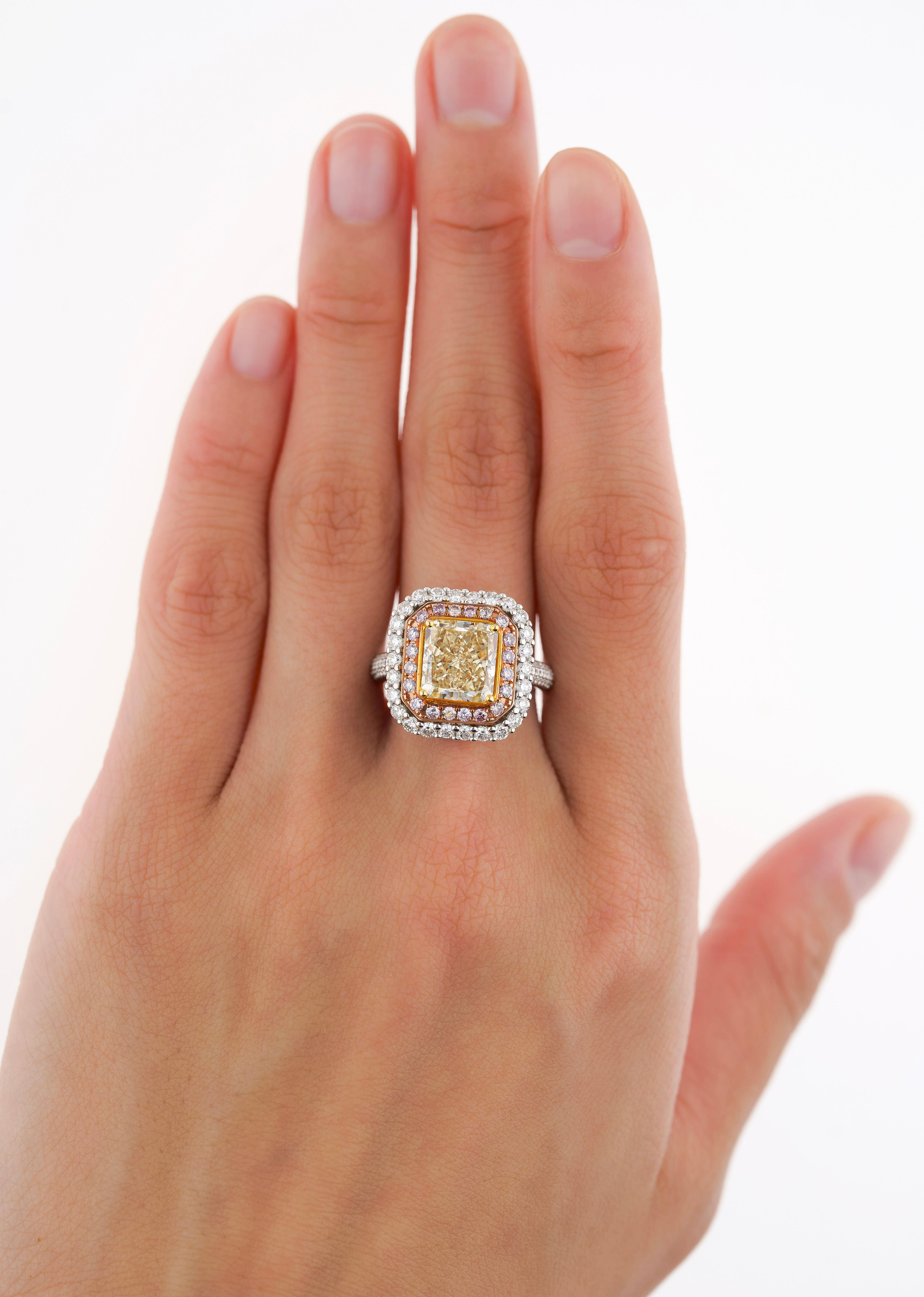 GIA Cert 3.51 Carat Brownish Yellow Diamond Ring with Pink & White Diamond Halo For Sale 2