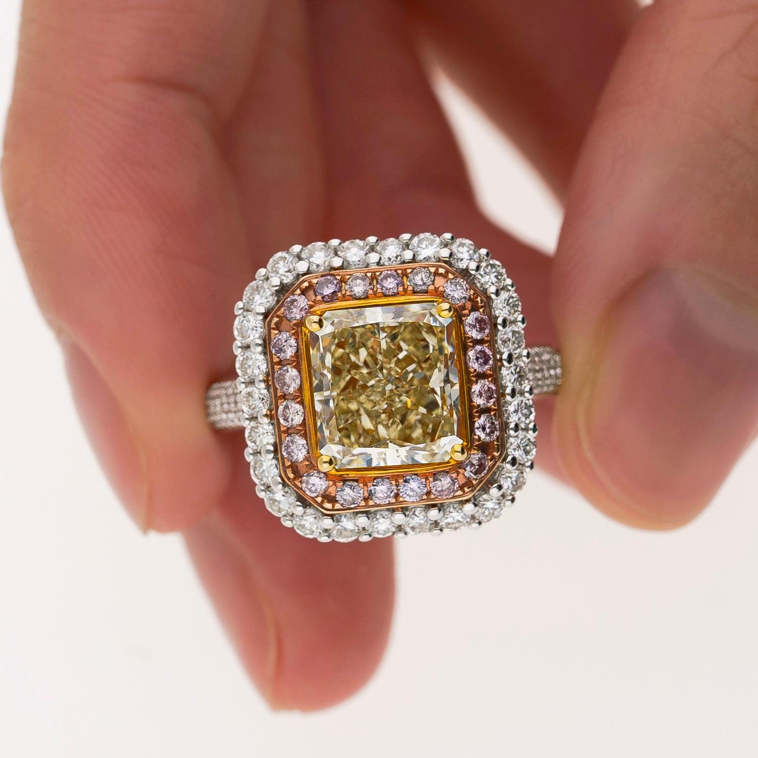 GIA Cert 3.51 Carat Brownish Yellow Diamond Ring with Pink & White Diamond Halo For Sale 3