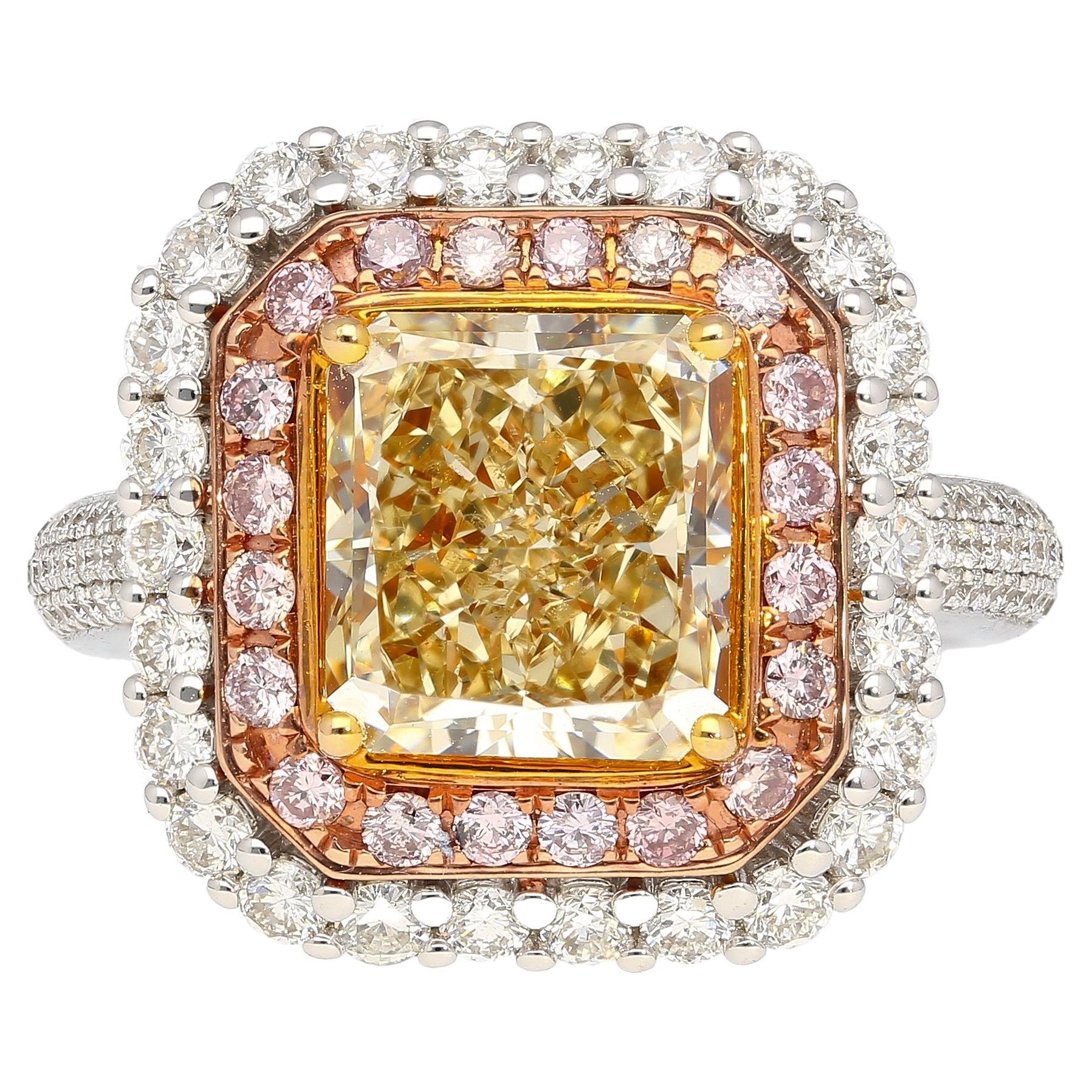 GIA Cert 3.51 Carat Brownish Yellow Diamond Ring with Pink & White Diamond Halo For Sale