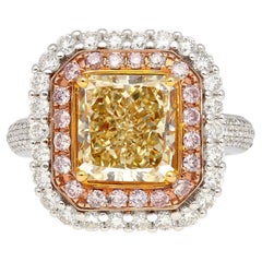 GIA Cert 3.51 Carat Brownish Yellow Diamond Ring with Pink & White Diamond Halo