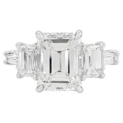 GIA Certified 4 Carat Emerald Cut Diamond Three stones 18K White Gold Ring
