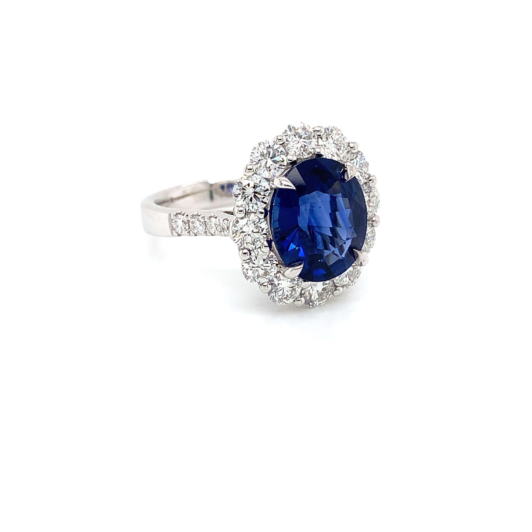 Modern GIA Cert. 4.12 Carat Oval Blue Sapphire & Diamond Ring in 18 Karat White Gold