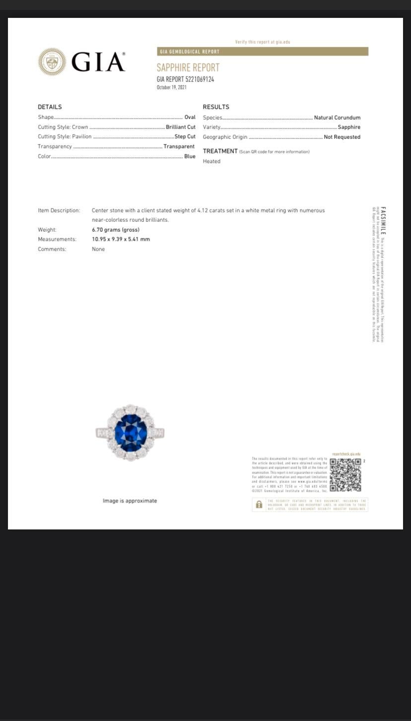 GIA Cert. 4.12 Carat Oval Blue Sapphire & Diamond Ring in 18 Karat White Gold 1