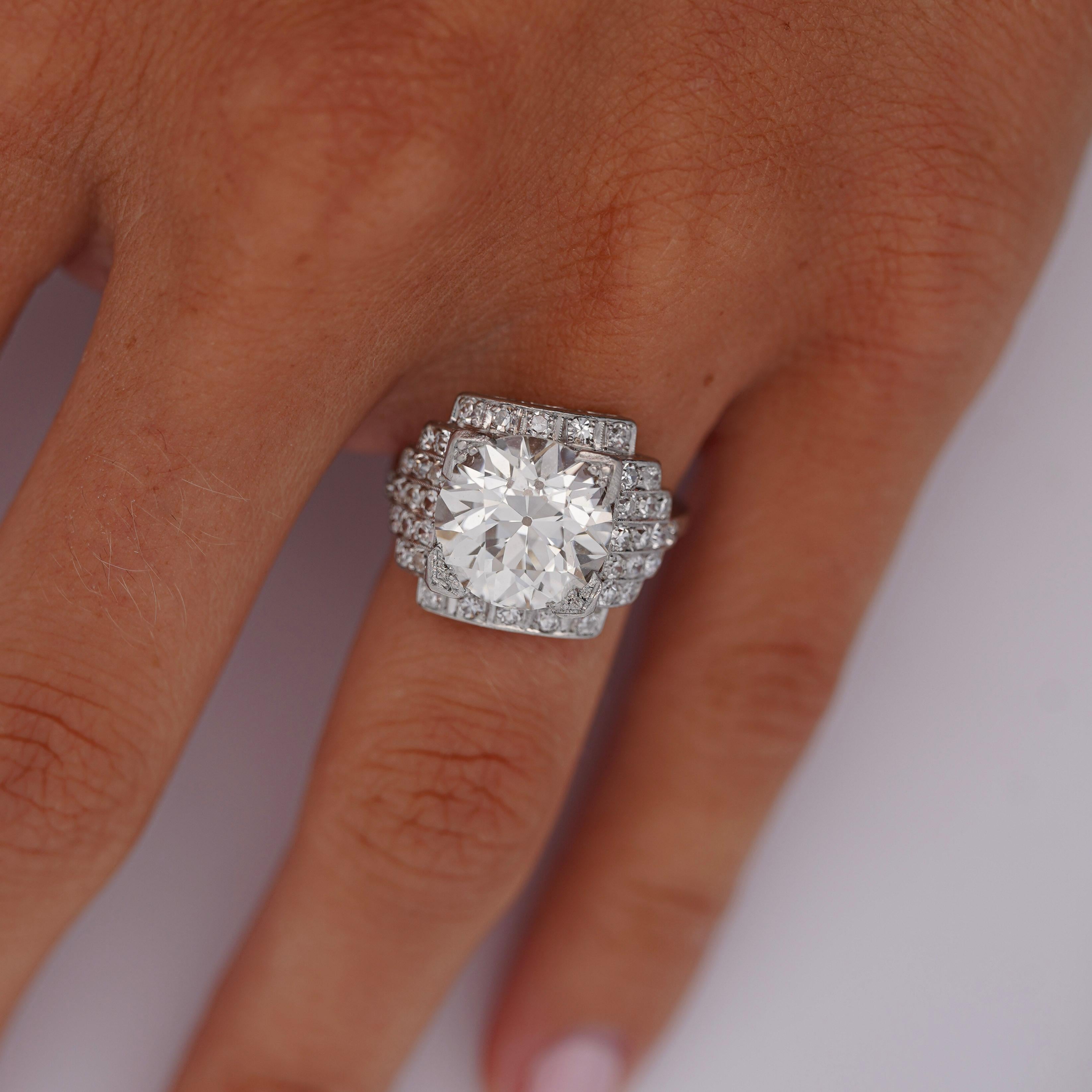 GIA Cert. 5.01 Carat Old Euro Cut Diamond Edwardian Antique Platinum Ring For Sale 6