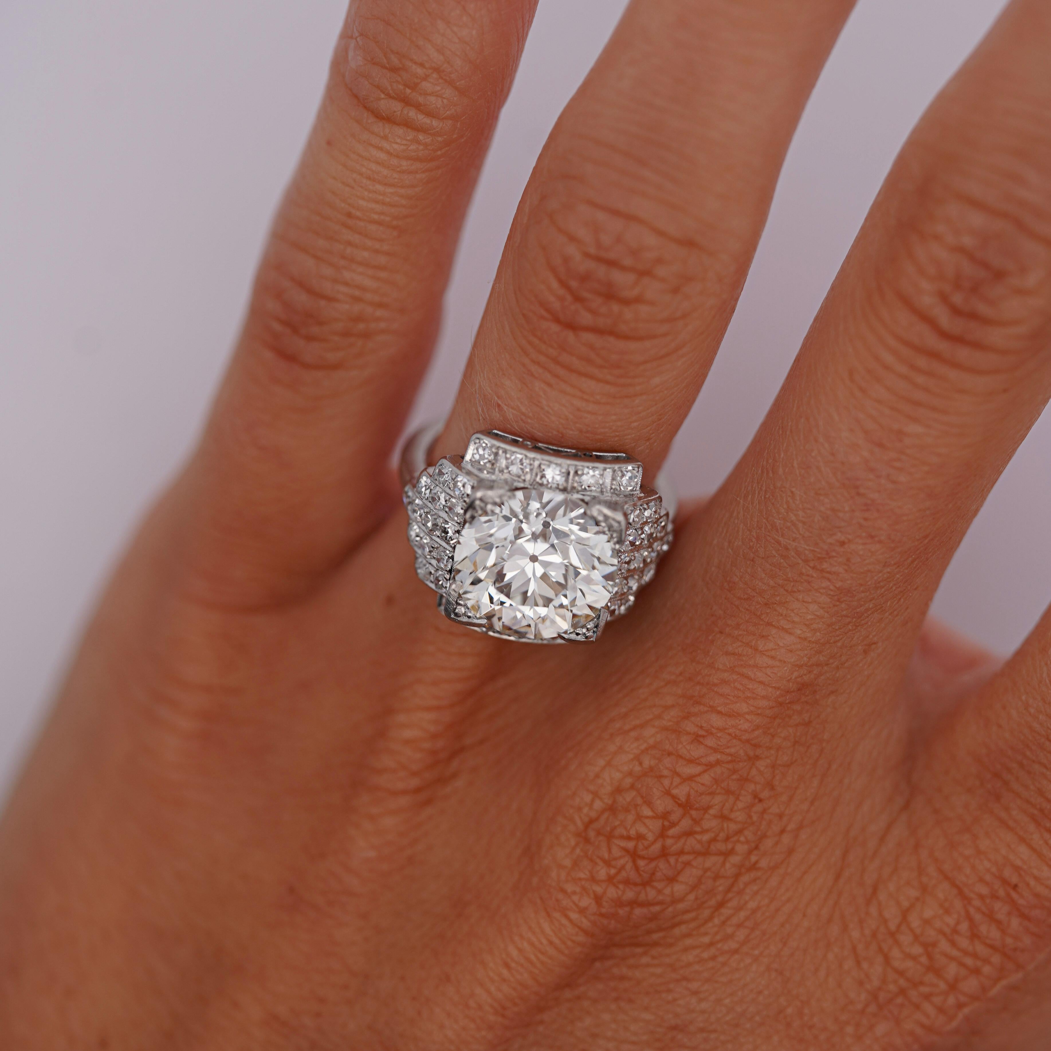 GIA Cert. 5.01 Carat Old Euro Cut Diamond Edwardian Antique Platinum Ring For Sale 7