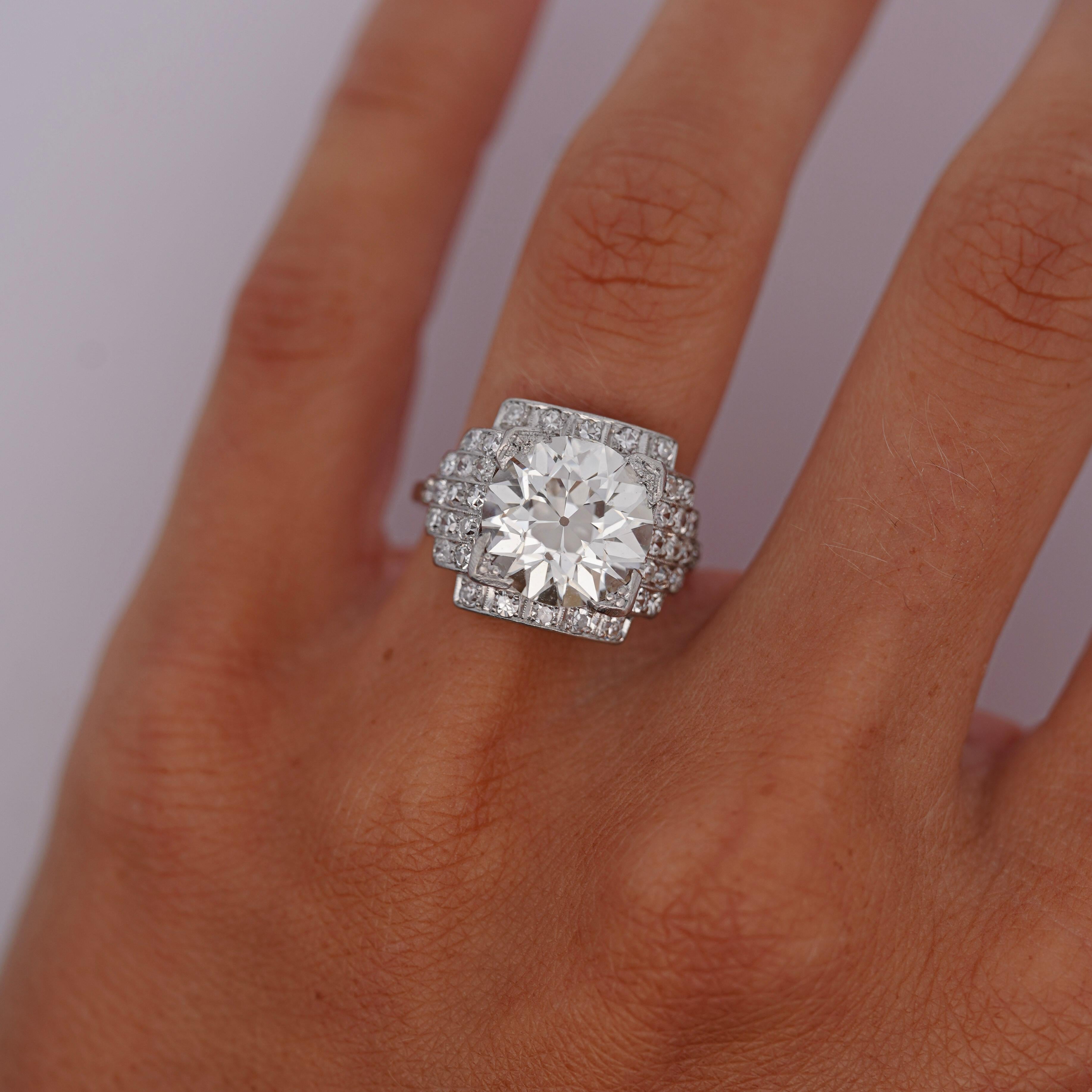 Old European Cut GIA Cert. 5.01 Carat Old Euro Cut Diamond Edwardian Antique Platinum Ring For Sale