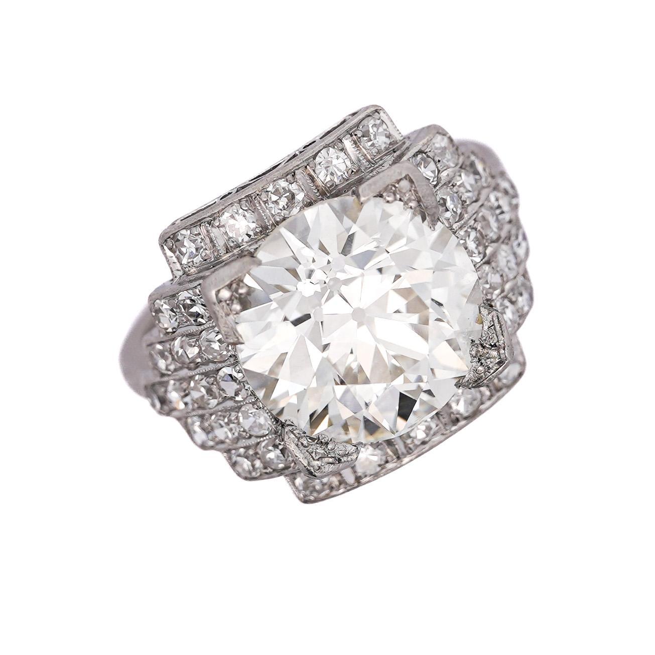 Women's or Men's GIA Cert. 5.01 Carat Old Euro Cut Diamond Edwardian Antique Platinum Ring For Sale