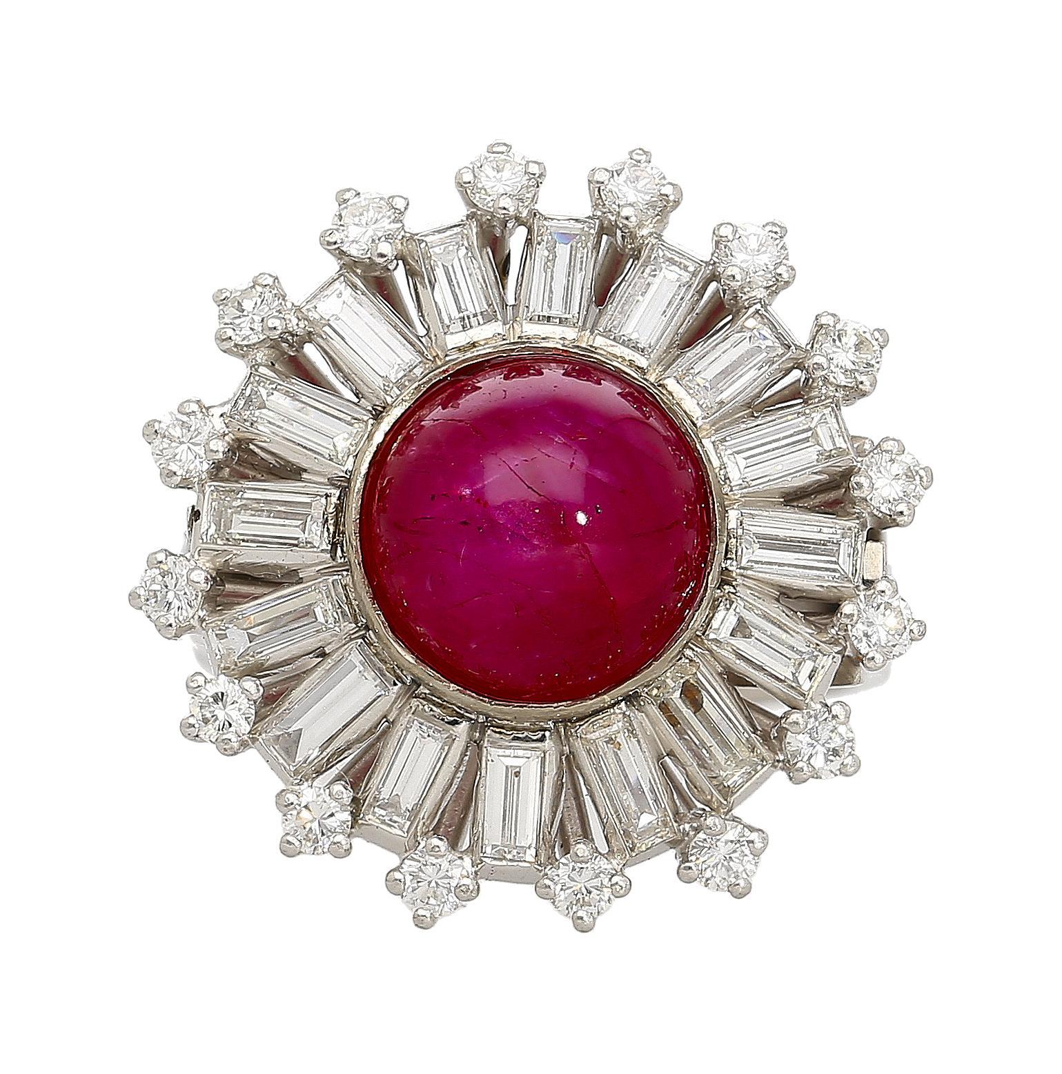 Cabochon GIA Cert. 7.40 Carat Purplish Red Star Ruby & Diamond Art Deco Ballerina Ring For Sale