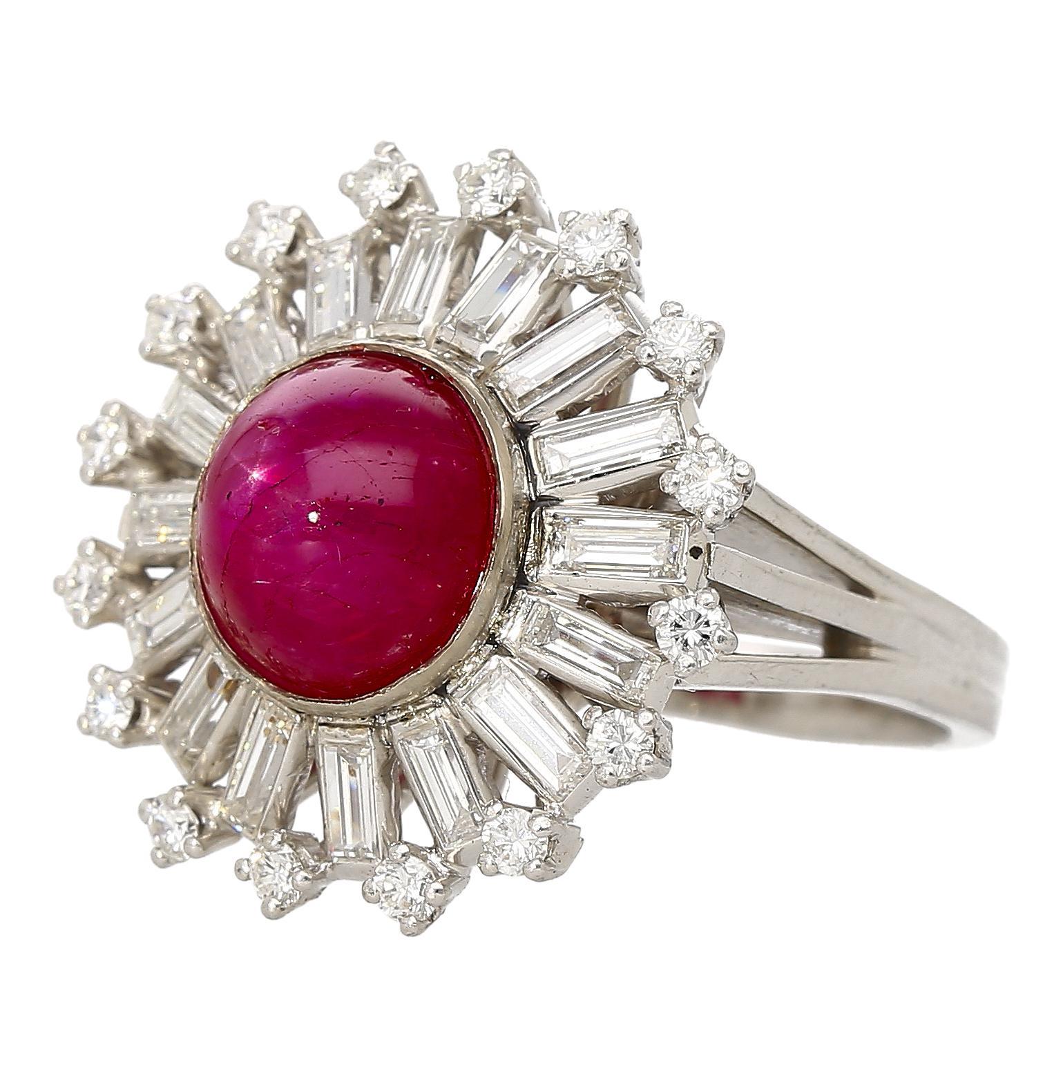 GIA Cert. 7.40 Carat Purplish Red Star Ruby & Diamond Art Deco Ballerina Ring In Good Condition For Sale In Miami, FL
