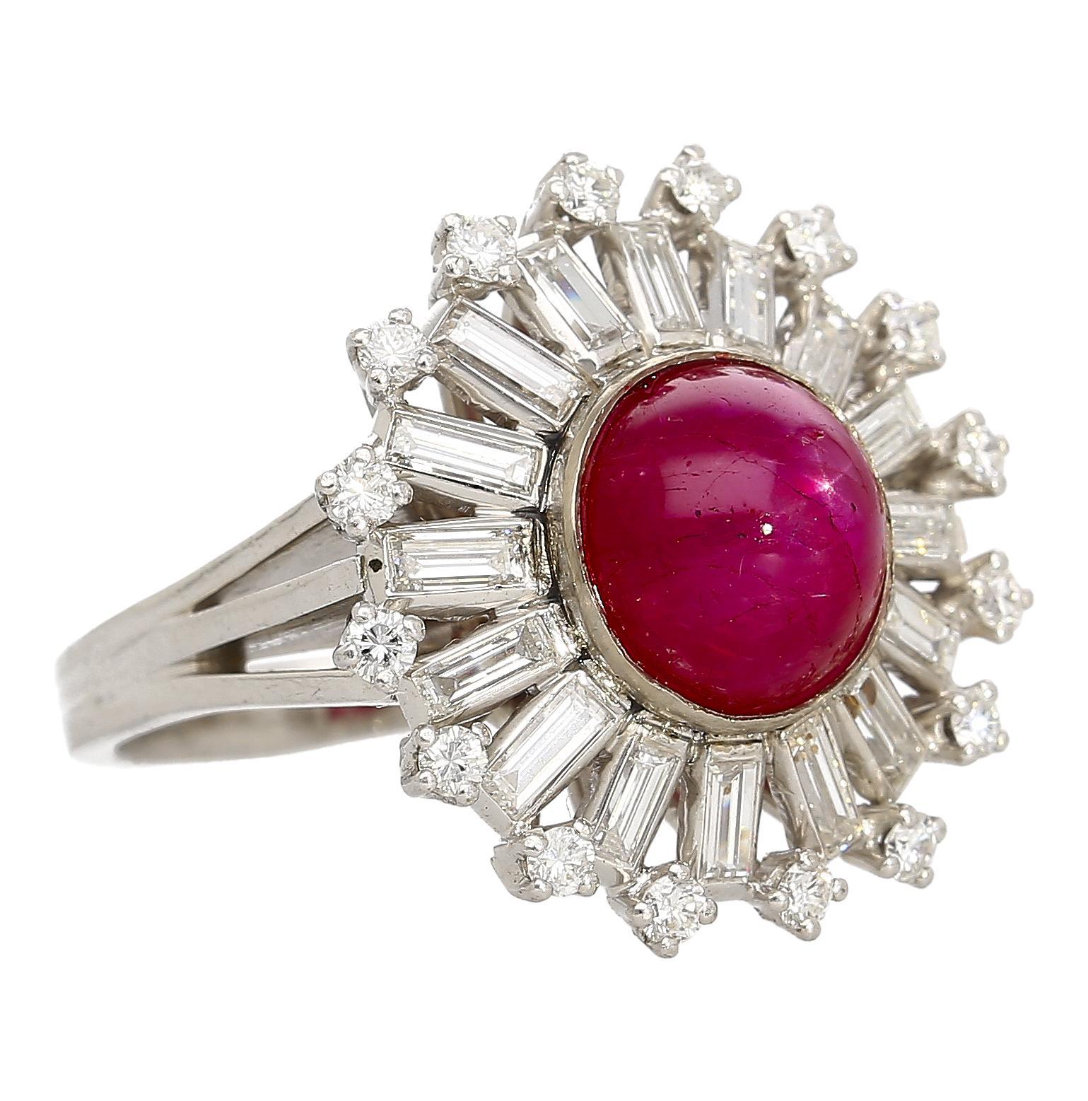 Women's GIA Cert. 7.40 Carat Purplish Red Star Ruby & Diamond Art Deco Ballerina Ring For Sale