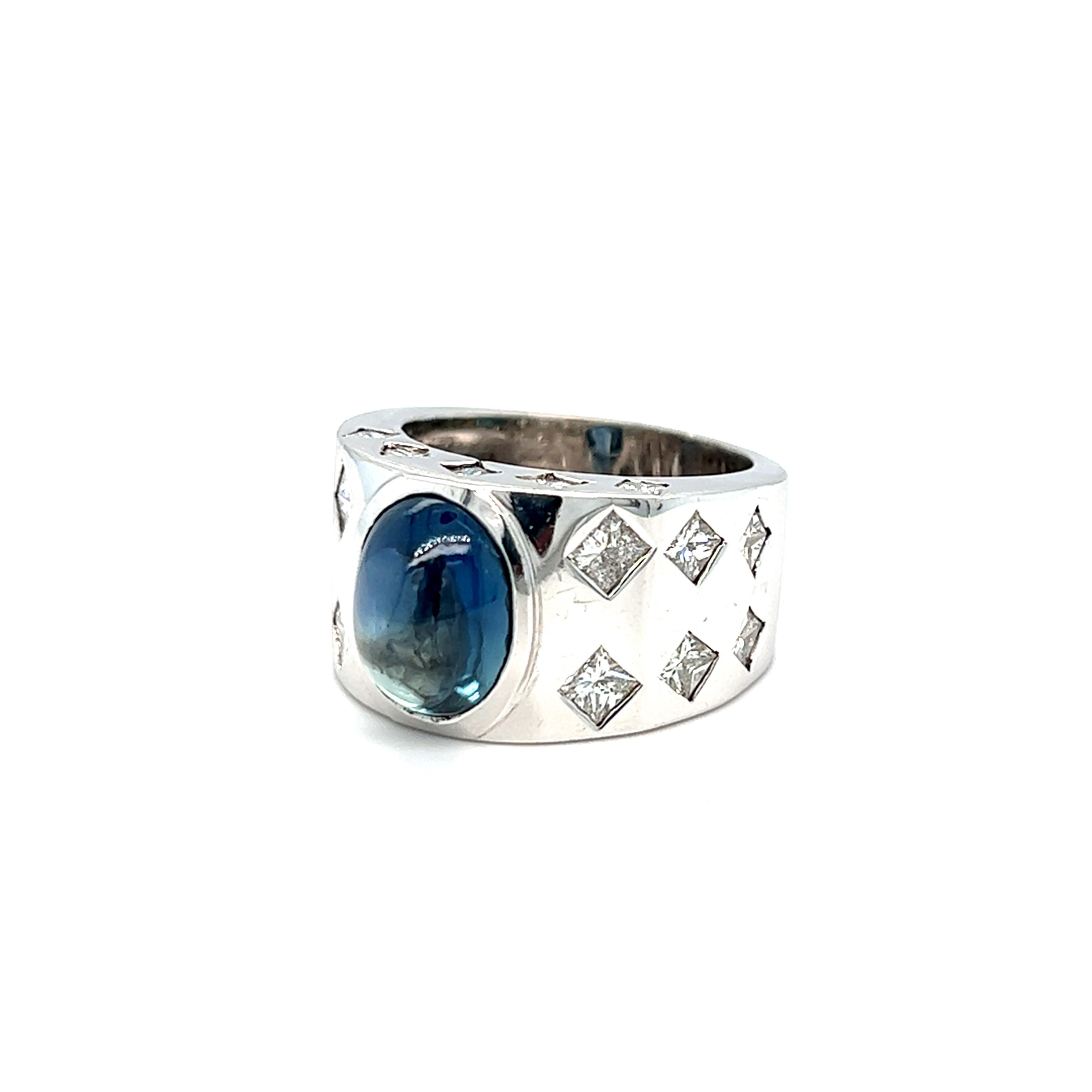 Contemporary GIA Cert 9 carat Cabochon Oval Sapphire & Diamond Wide Band Ring 18K White Gold For Sale