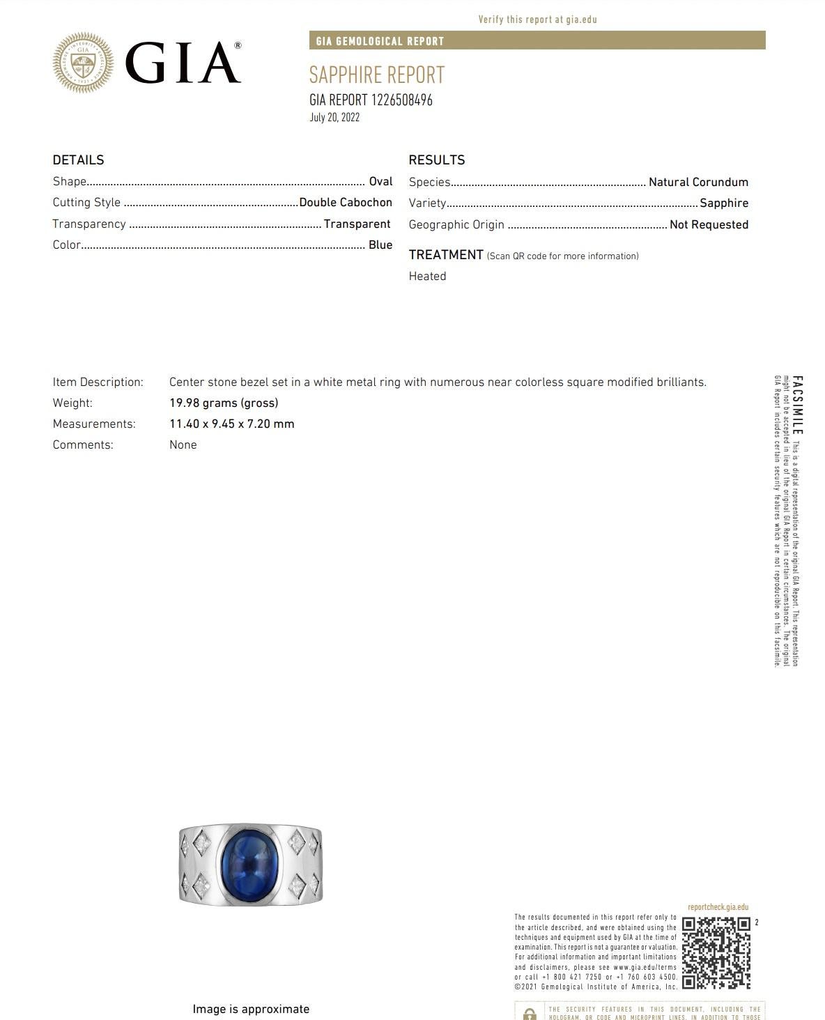 GIA Cert 9 carat Cabochon Oval Sapphire & Diamond Wide Band Ring 18K White Gold For Sale 4