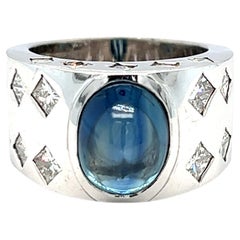 Retro GIA Cert 9 carat Cabochon Oval Sapphire & Diamond Wide Band Ring 18K White Gold