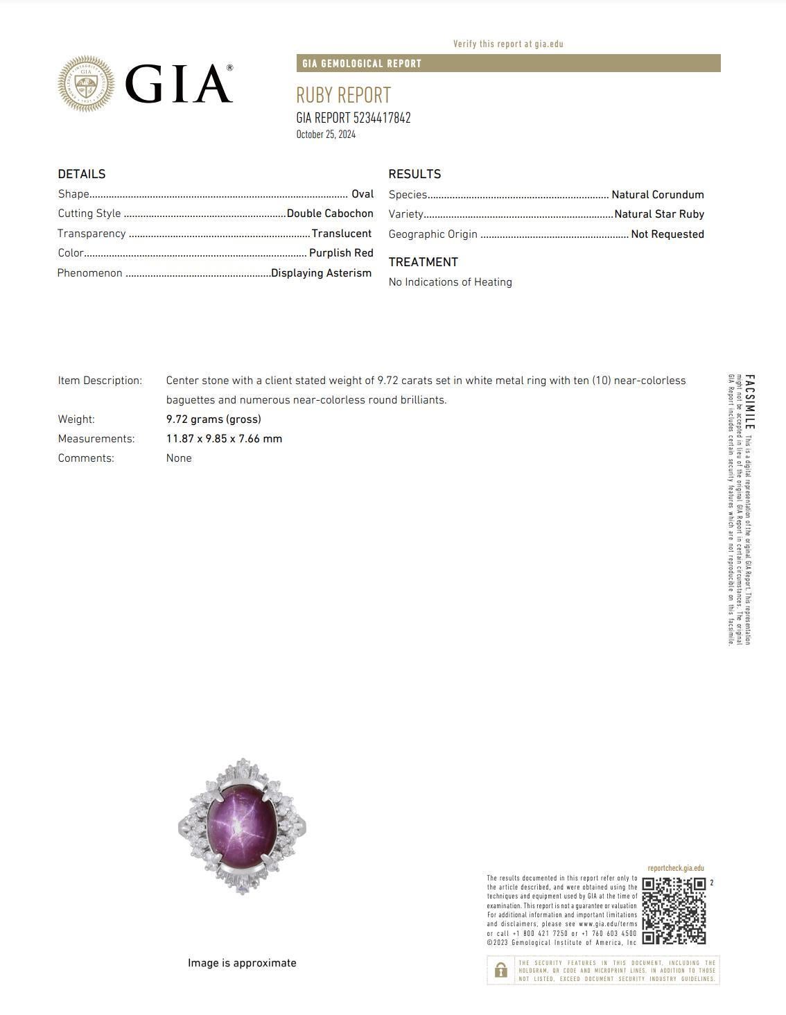 Art Deco GIA Cert. 9.72 Carat No Heat Star Ruby & Diamond Platinum Cocktail Ring For Sale