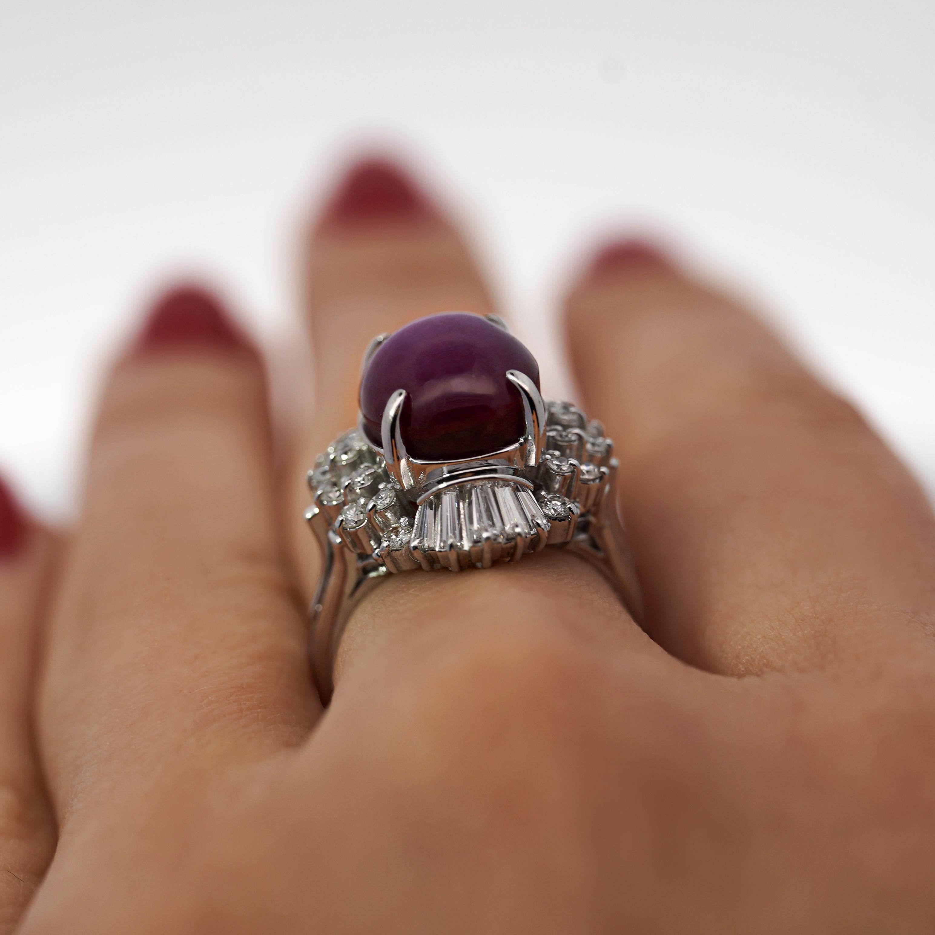 GIA Cert. 9.72 Carat No Heat Star Ruby & Diamond Platinum Cocktail Ring For Sale 2
