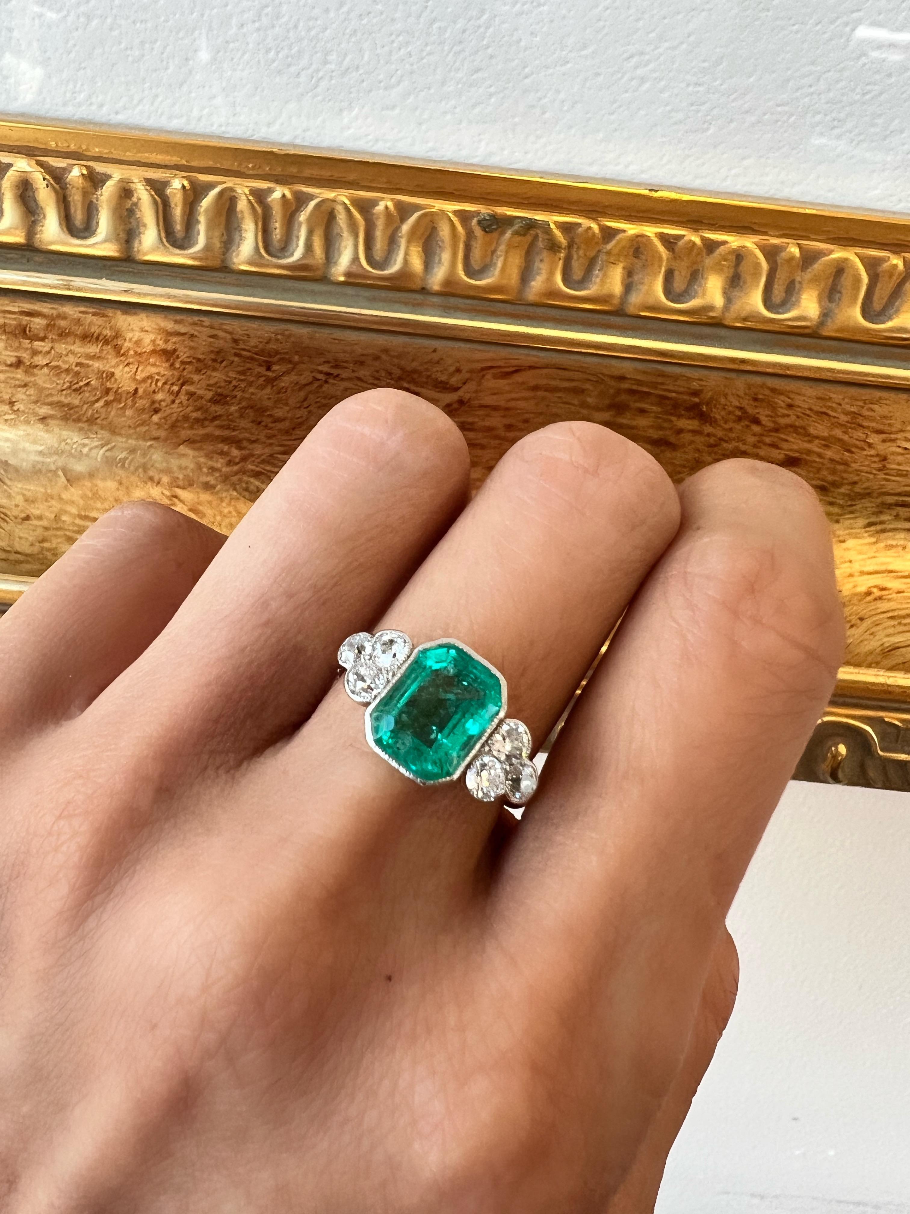 GIA Cert Art Deco Emerald and Diamond Ring 18k Yellow Gold For Sale 5