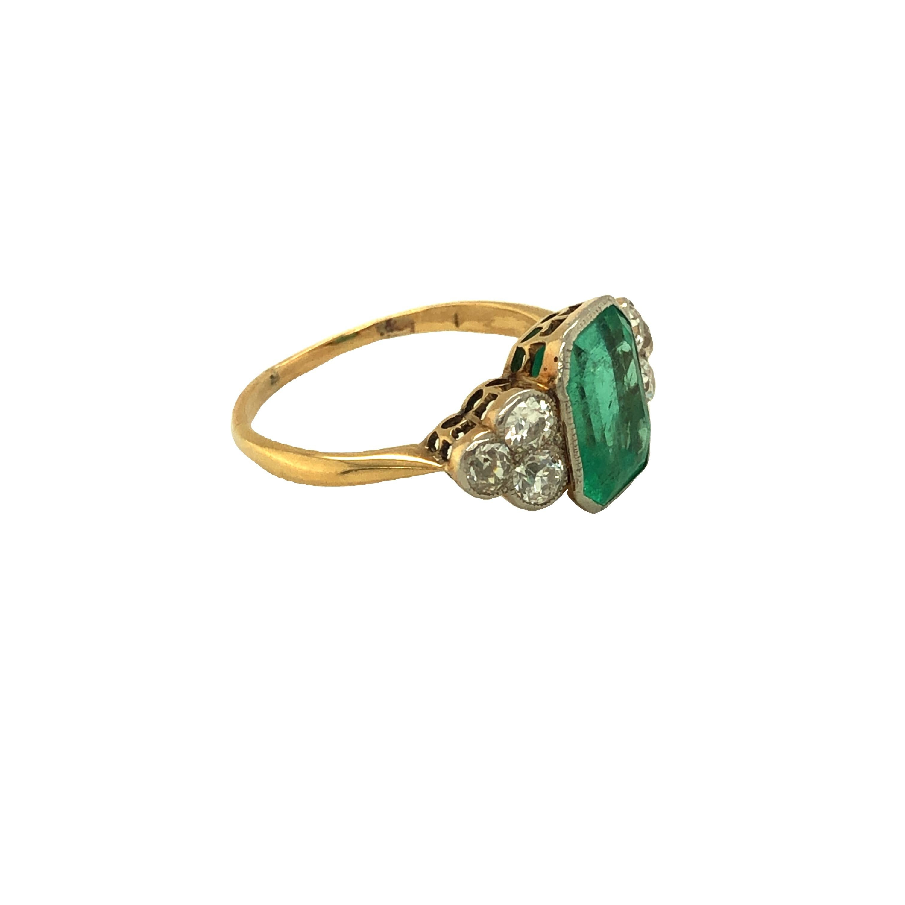 Emerald Cut GIA Cert Art Deco Emerald and Diamond Ring 18k Yellow Gold For Sale