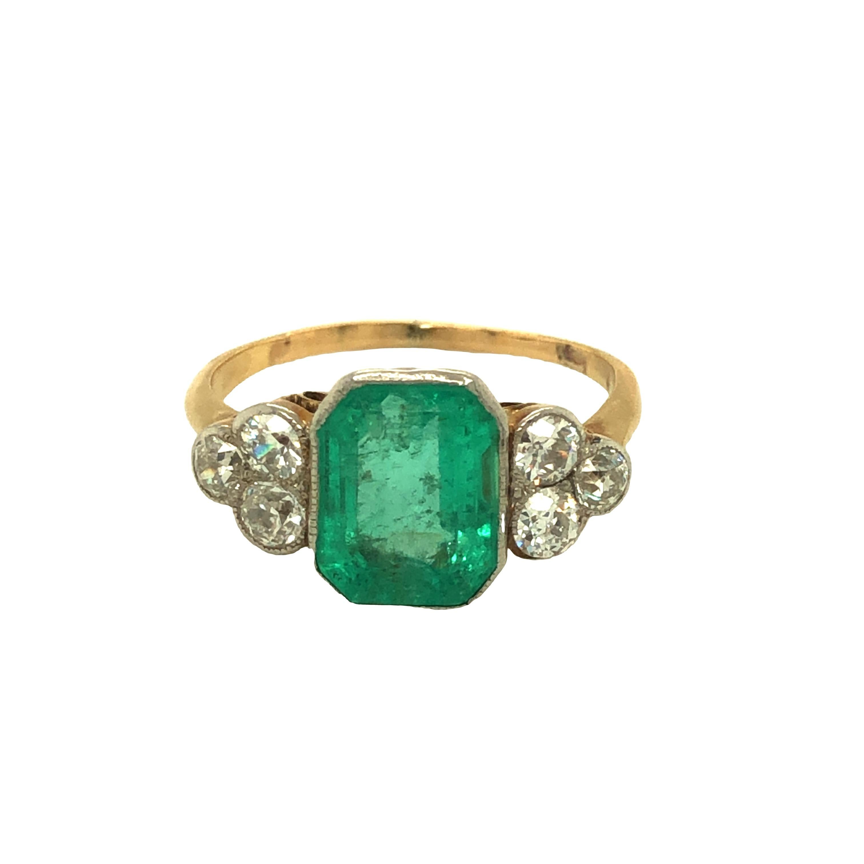 GIA Cert Art Deco Emerald and Diamond Ring 18k Yellow Gold For Sale 2