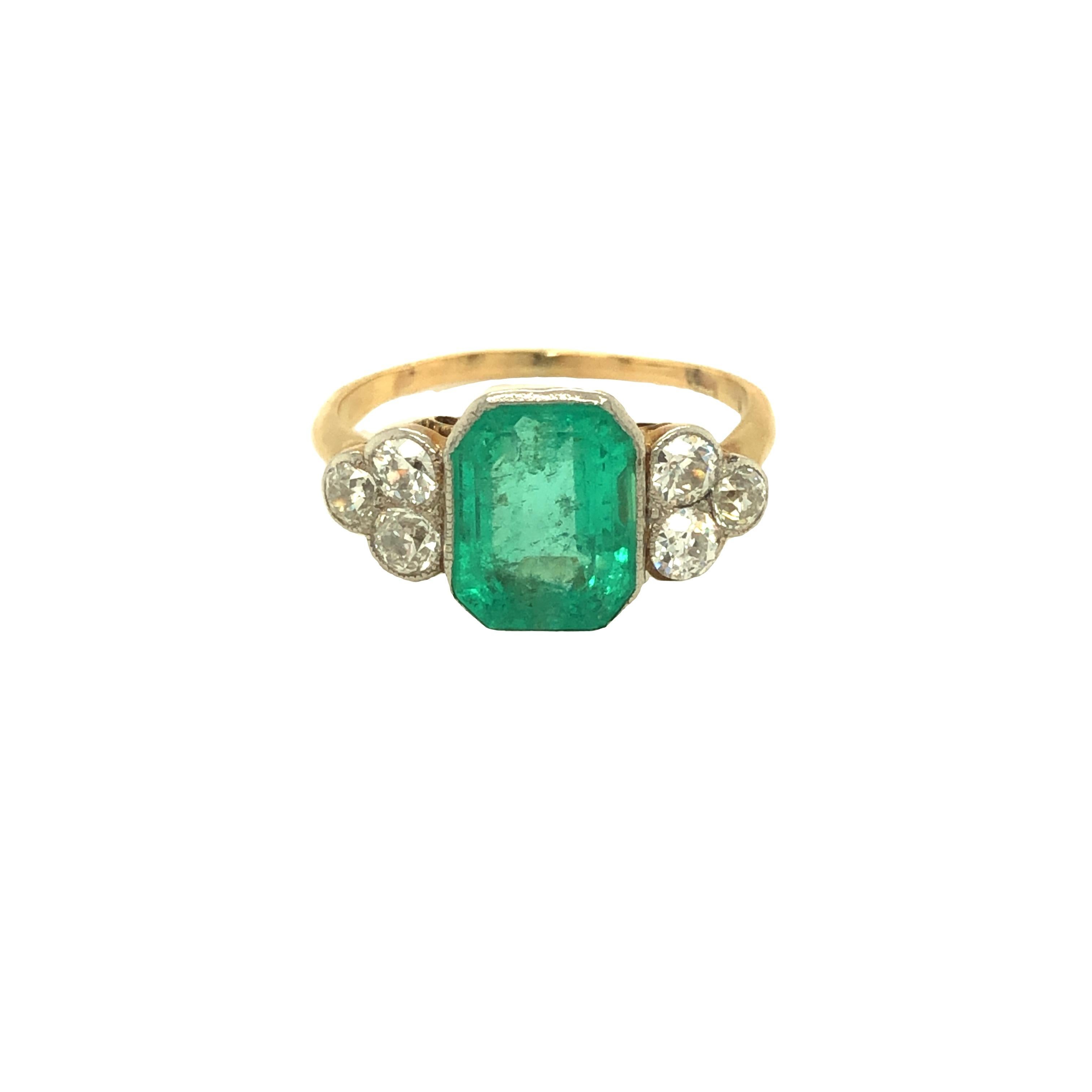 GIA Cert Art Deco Emerald and Diamond Ring 18k Yellow Gold For Sale 3