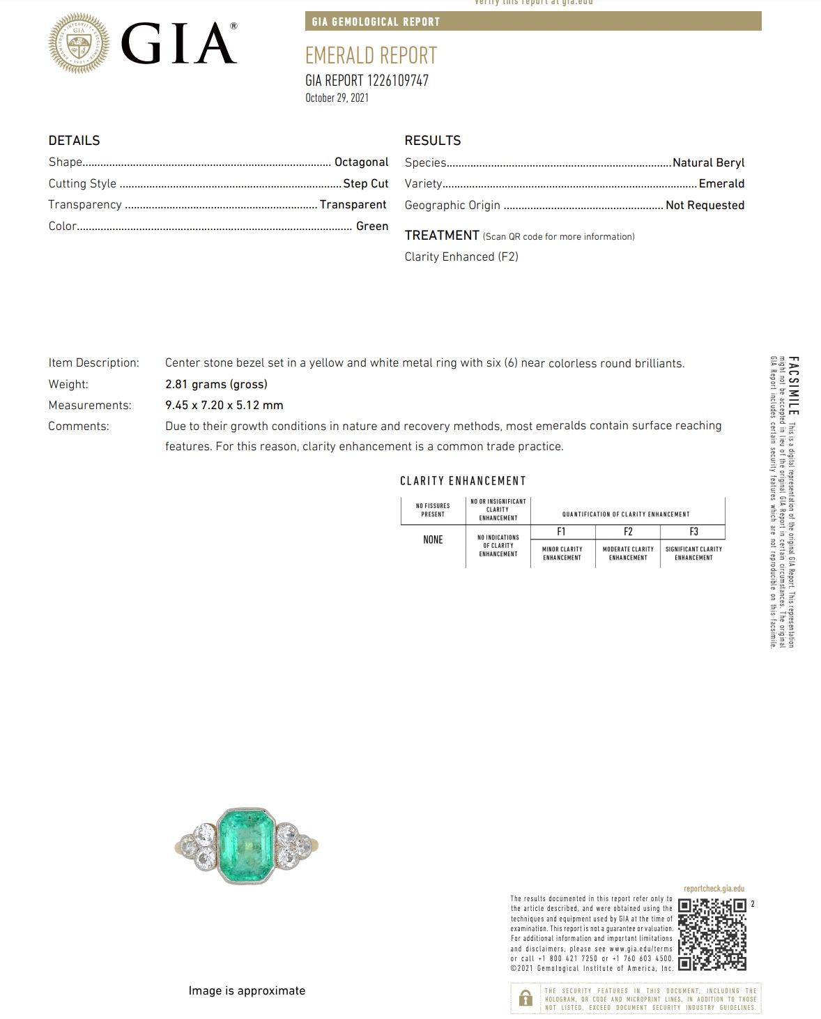 GIA Cert Art Deco Emerald and Diamond Ring 18k Yellow Gold For Sale 4