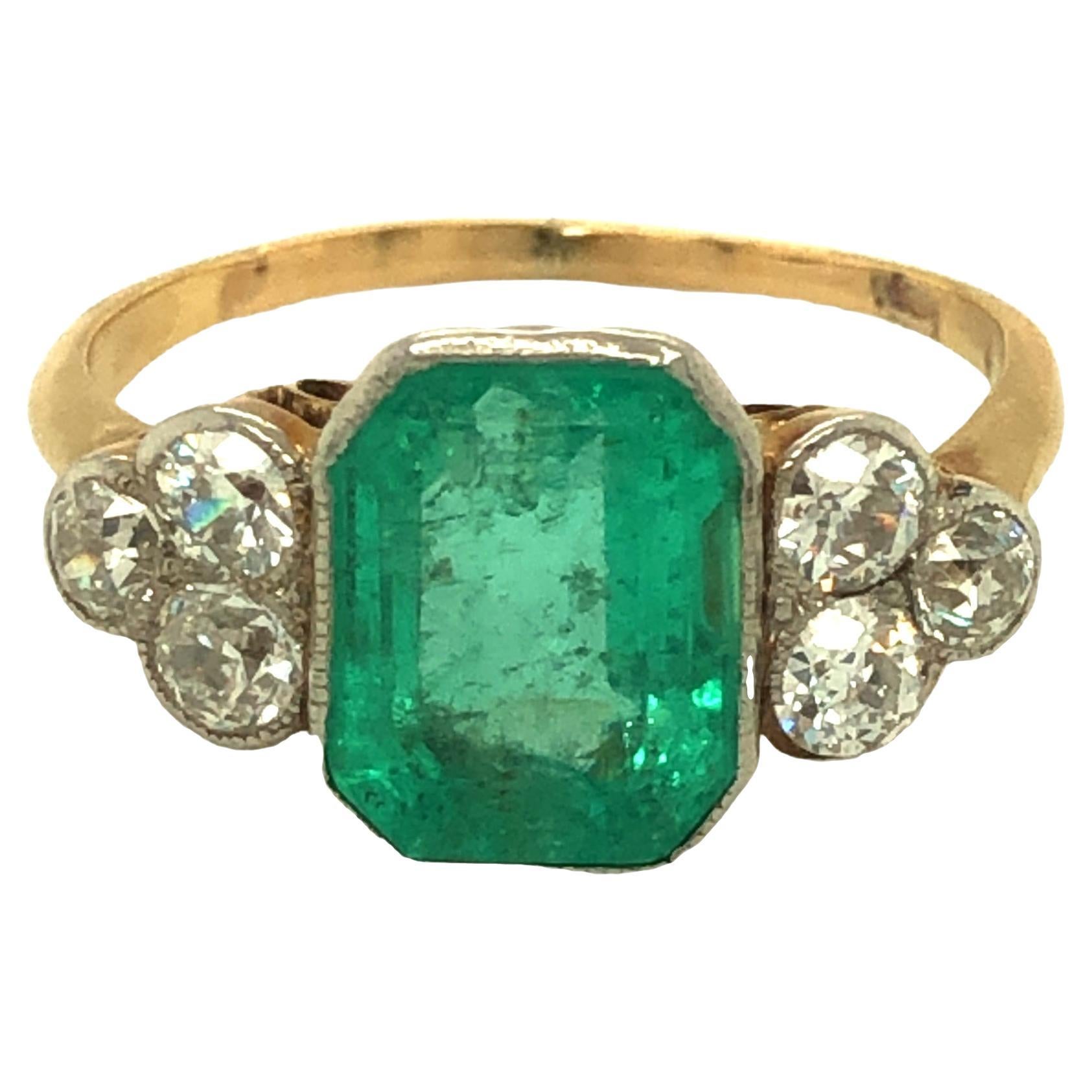 GIA Cert Art Deco Emerald and Diamond Ring 18k Yellow Gold For Sale