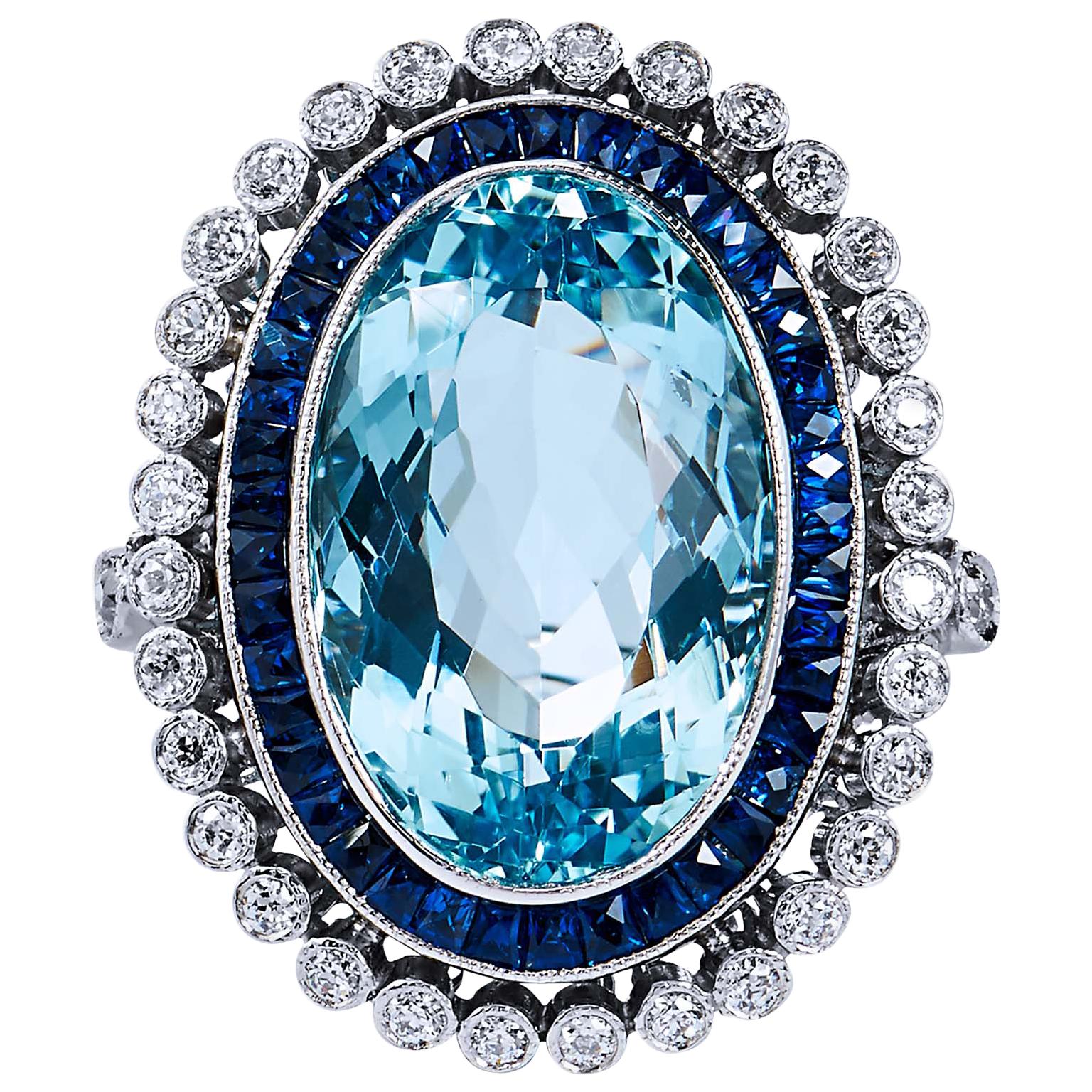 GIA Cert Art Deco Style 10.54 Carat Aquamarine Diamond Platinum Cocktail Ring