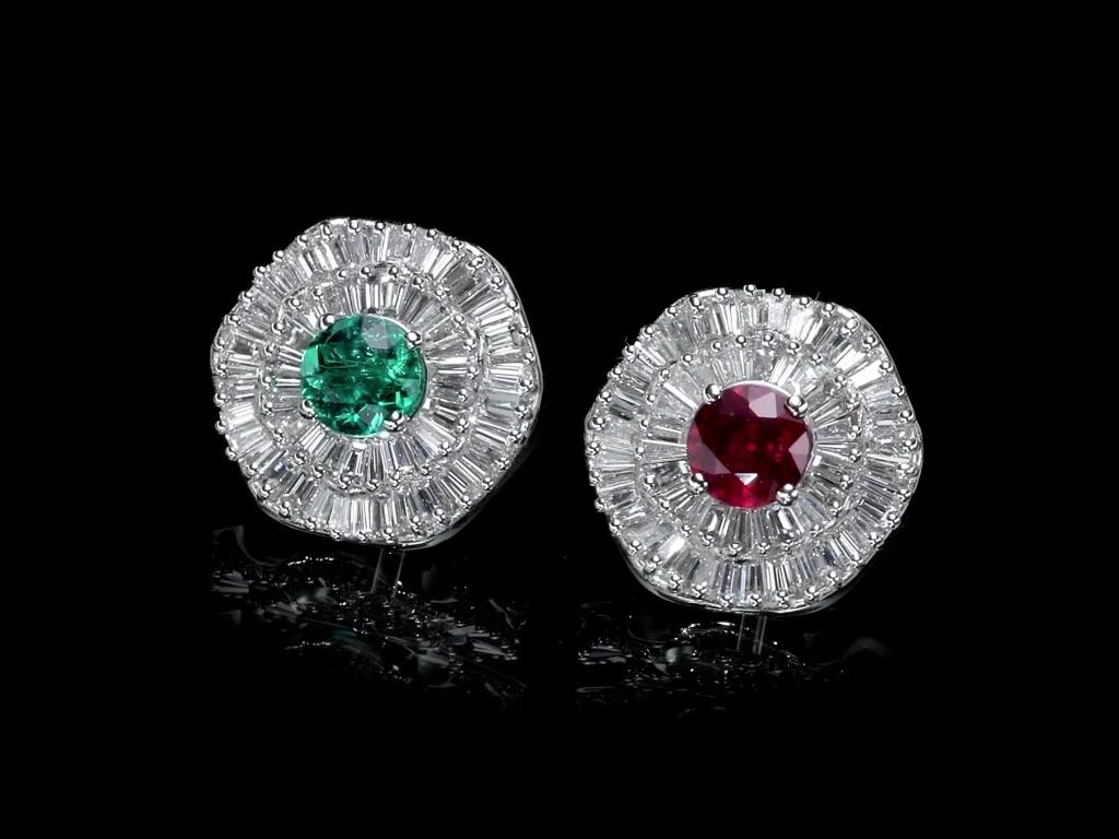 Art Deco GIA Cert Ballerina Halo Interchangeable Diamond, Emerald & Ruby Earring Set  For Sale