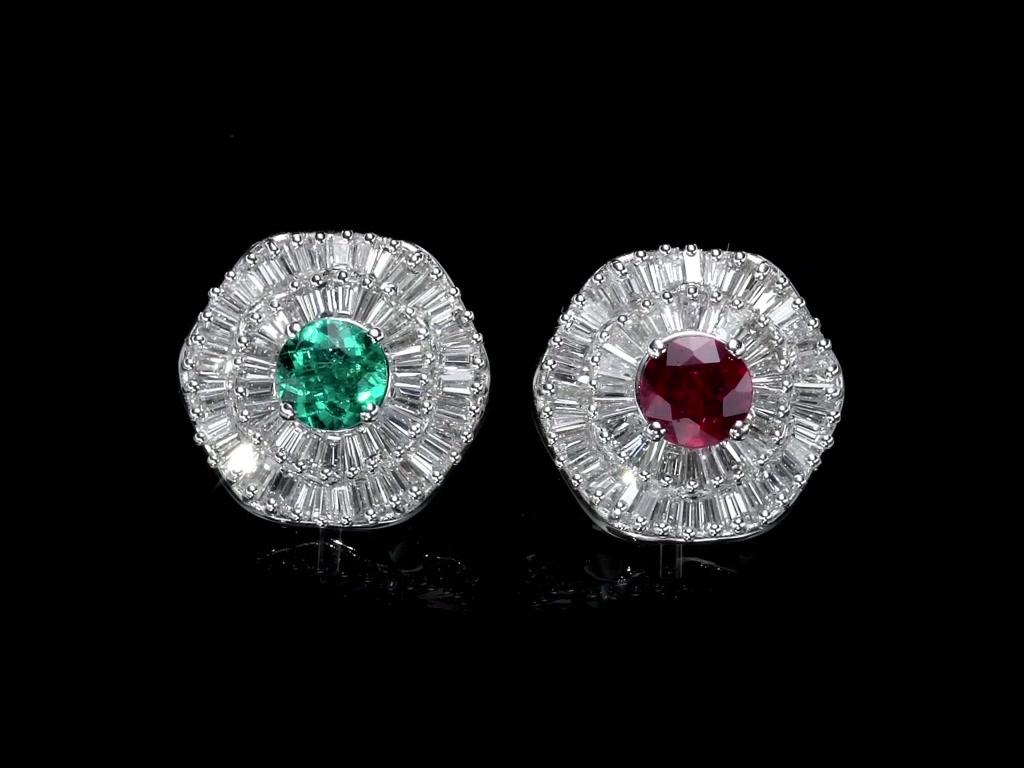 Baguette Cut GIA Cert Ballerina Halo Interchangeable Diamond, Emerald & Ruby Earring Set  For Sale