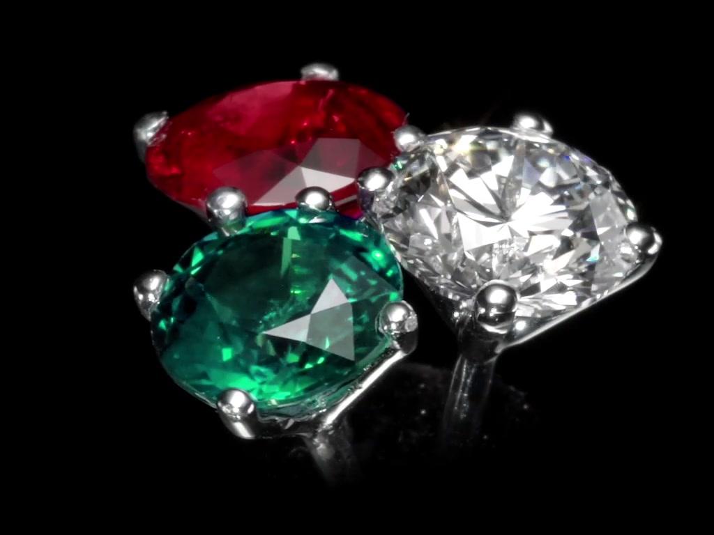 GIA Cert Ballerina Halo Interchangeable Diamond, Emerald & Ruby Earring Set  In New Condition For Sale In New York, NY