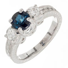 GIA Certified 1.38 Carat Blue Sapphire Diamond Gold Three-Stone Engagement Ring